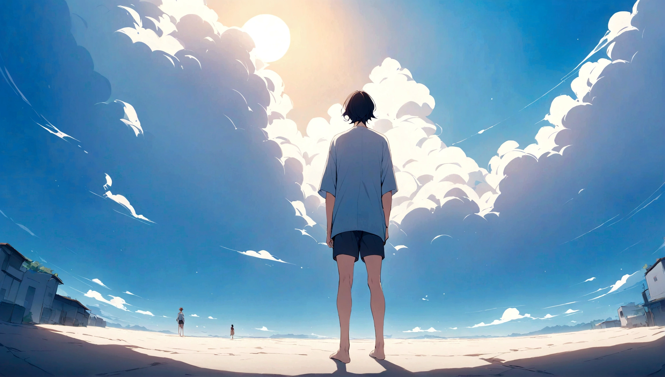 (Masterpiece, top quality), hot sun, a young man stands looking up, urban, his hair blowing in the wind, his gaze fixed on the distant horizon. The sky is blue, and colourful clouds adorn the sky around him. He is depicted in a detailed and emotive style, like a character from an animated film by Makoto Shinkai.