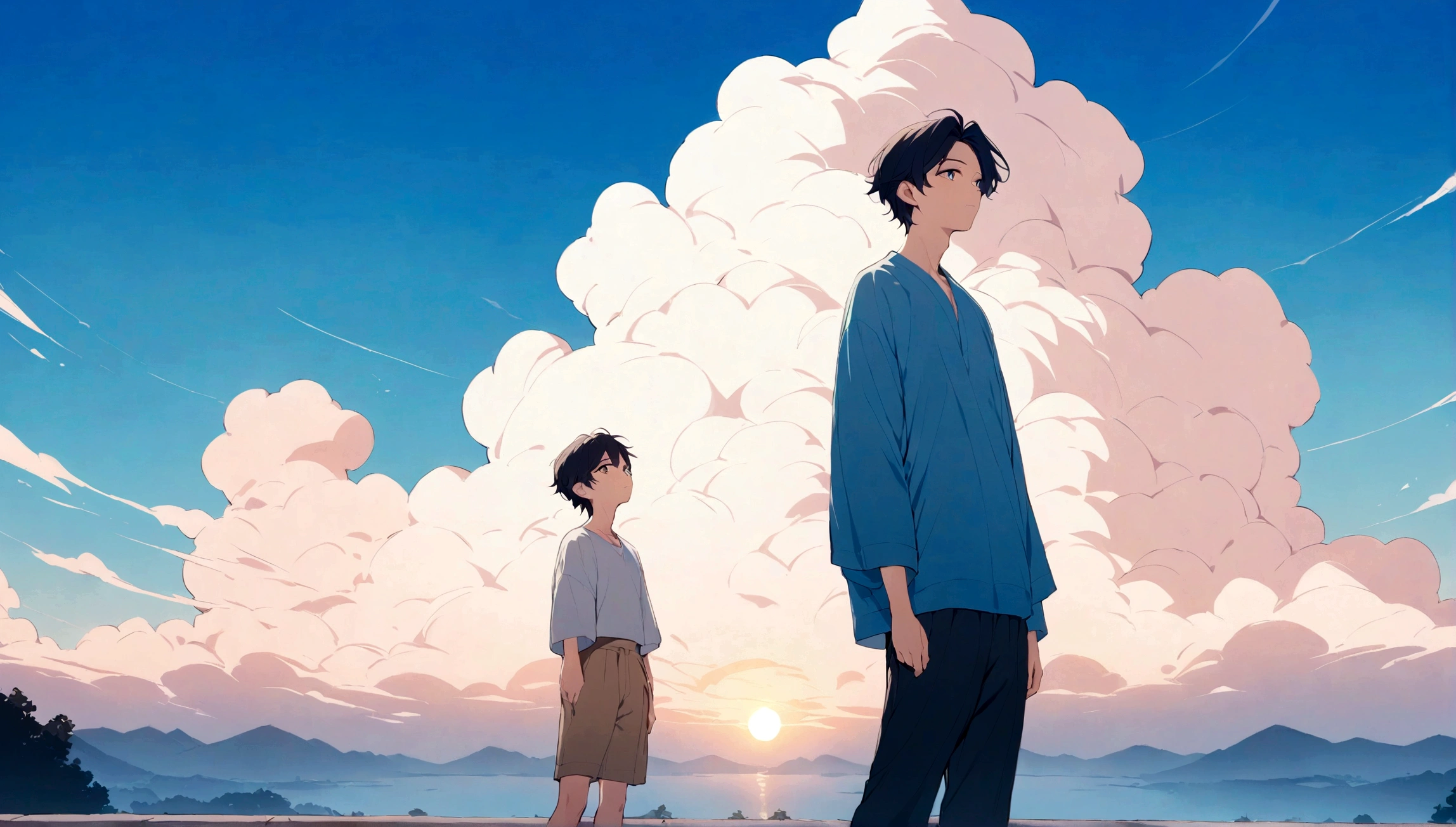 (Masterpiece, top quality), hot sun, a young man stands looking up, urban, his hair blowing in the wind, his gaze fixed on the distant horizon. The sky is blue, and colourful clouds adorn the sky around him. He is depicted in a detailed and emotive style, like a character from an animated film by Makoto Shinkai.