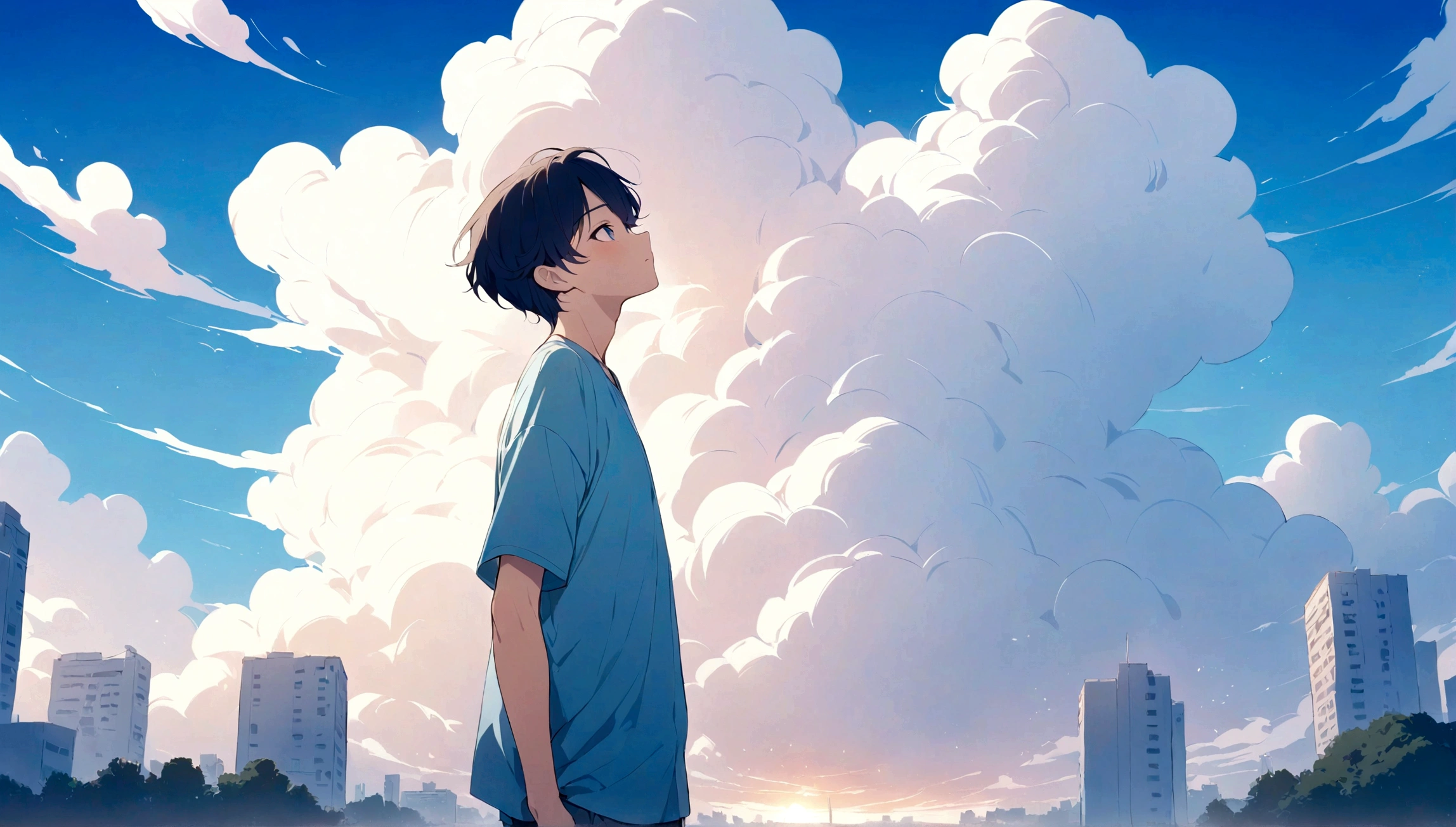 (Masterpiece, top quality), hot sun, a young man stands looking up, urban, his hair blowing in the wind, his gaze fixed on the distant horizon. The sky is blue, and colourful clouds adorn the sky around him. He is depicted in a detailed and emotive style, like a character from an animated film by Makoto Shinkai.