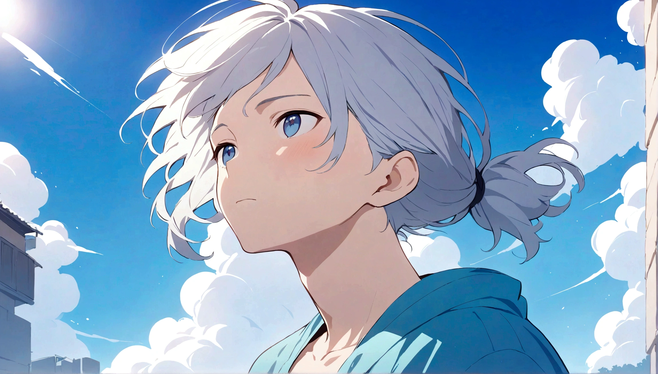 (Masterpiece, top quality), hot sun, a young man stands looking up, urban, his hair blowing in the wind, his gaze fixed on the distant horizon. The sky is blue, and colourful clouds adorn the sky around him. He is depicted in a detailed and emotive style, like a character from an animated film by Makoto Shinkai.