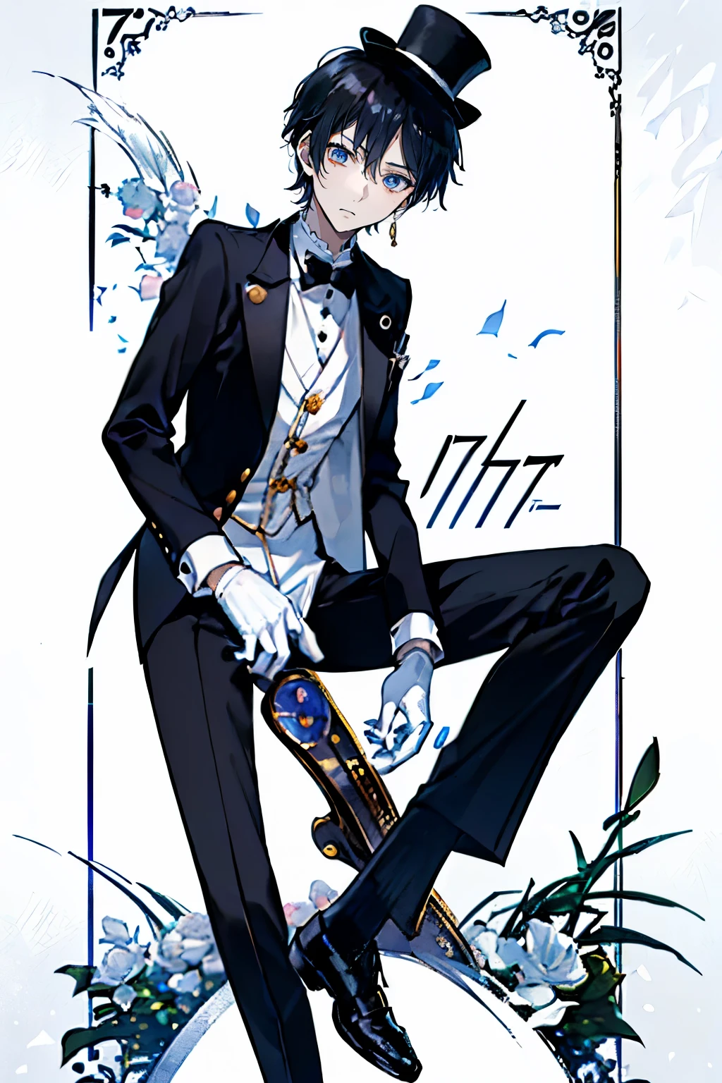 (Mastepiece), (Best Quality), Very detailed, (( boy:1.5)), Perfect Face, Beautiful Face, Very detailedな顔,(Full body photography:1.3)、Black Hair、Short Hair,Thief、White suit、White Top Hat、White gloves、Monocle、Trump、White Moon