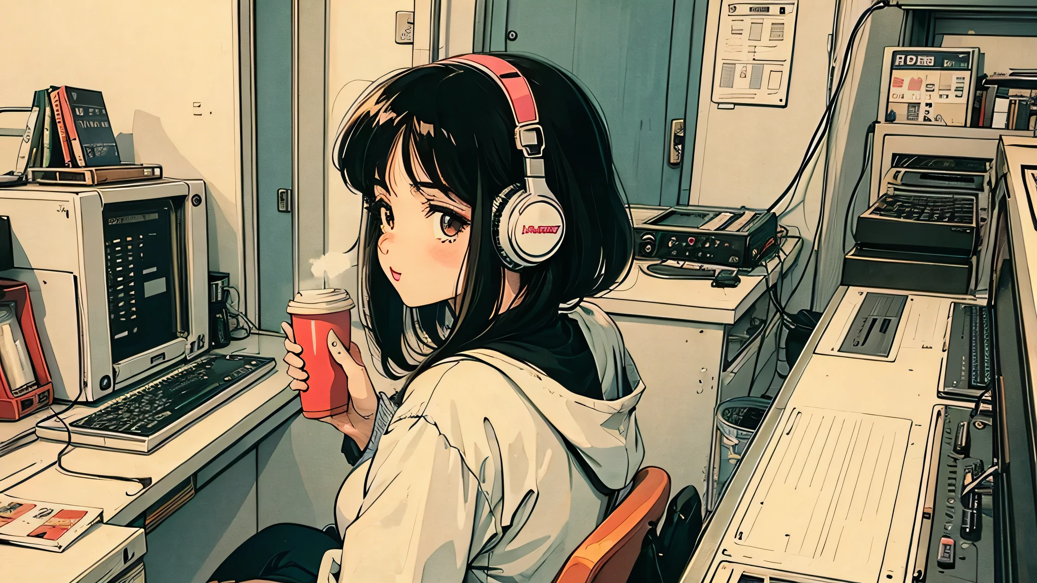 1 girl, 80s anime style, I have headphones on, coffee, Retro, Lo-Fi