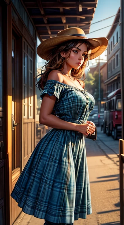 Hyper realistic, A beautiful woman with a slim waist and snappy hips, in country style (thin blue and black plaid dress shirt, tight-fitting shirt), standing out in a western city. Her tanned skin shines in the setting sun, “sweat”, large symmetrical and radiant green eyes, wavy brown hair falls gently over her shoulders. She wears a brown cowboy hat, thin blue and black plaid, tight-fitting dress shirt, faded jeans, and embroidered leather boots. It is on a dirt street surrounded by typical western wooden buildings. The local saloon has swinging doors and a porch where the cowboys chat. The barbershop has a rotating plate and the blacksmith shop next door is active with the sound of hammering. Horses tied to wooden posts and a hay cart passing by complete the scene. The golden light of the sunset casts shadows and bathes the city in a warm glow, capturing the vibrant essence of the Old West.