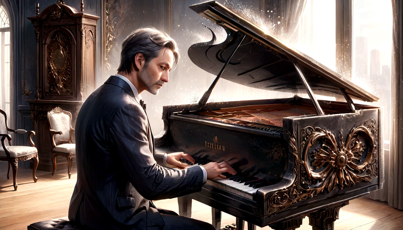 A 40-year-old man playing the piano