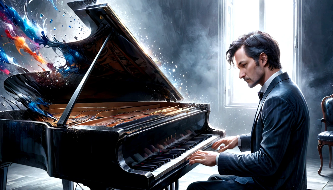 A 40-year-old man playing the piano