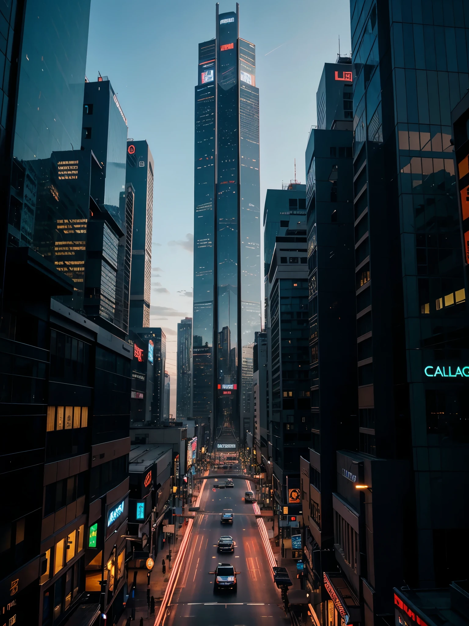 Future architecture, Cyberpunk, Tallest Building, Sky Landscape, Neon lights on buildings, 8K picture quality, masterpiece, nobody