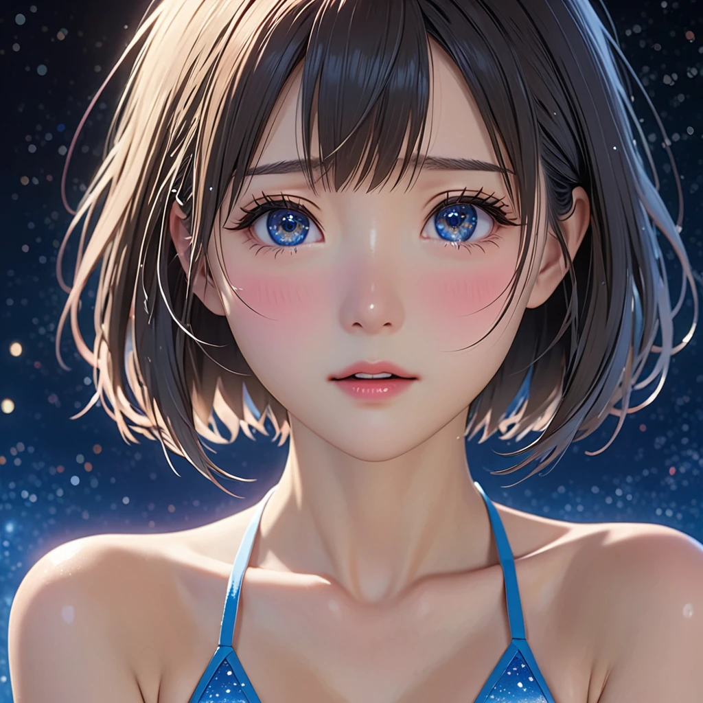 National Science Foundation,masterpiece,High resolution,8K,Art,digit,Three-dimensional,Realism,Kyoto Animation Style,your name movie style,Facing the camera,(1 female: 1.3),(alone: 1.4),Bikini,Long eyelashes,Long thin legs,Short Bob,Sexy pose,Close-up of upper body,Eyes as deep as the starry sky,Blushed,shy,shy,open mouth,(Tearing up)