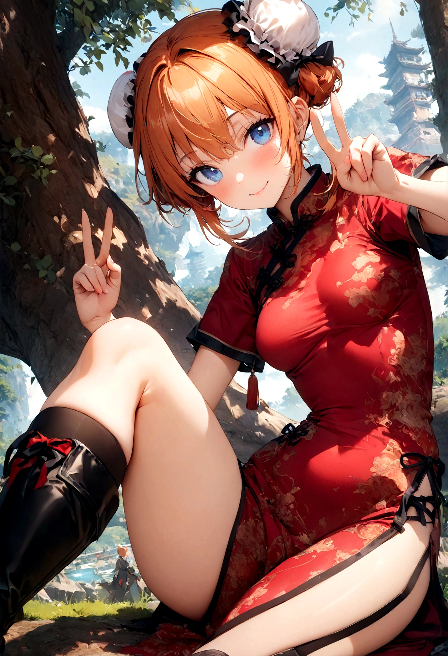 Gintama, Kagura, Orange hair, red dress, double bun, bun cover, china dress, chinese clothes, knee boots, short sleeves, small breasts, Blue eyes, 
tree, (in_tree), all_fours, on branch, v,, (masterpiece:1.3), (best_quality:1.3), (ultra_detailed:1.3), 8k, extremely_clear,, 1girl, solo, wide_shot,, outdoors,, insane details, intricate details, hyperdetailed, ultra detailed, extreme detailed, highest detailed, high_detail, colorful, beautiful, hdr, photorealistic, highres, ultra_high_res, photography, aesthetic, extremely_delicate,, seductive_smile,