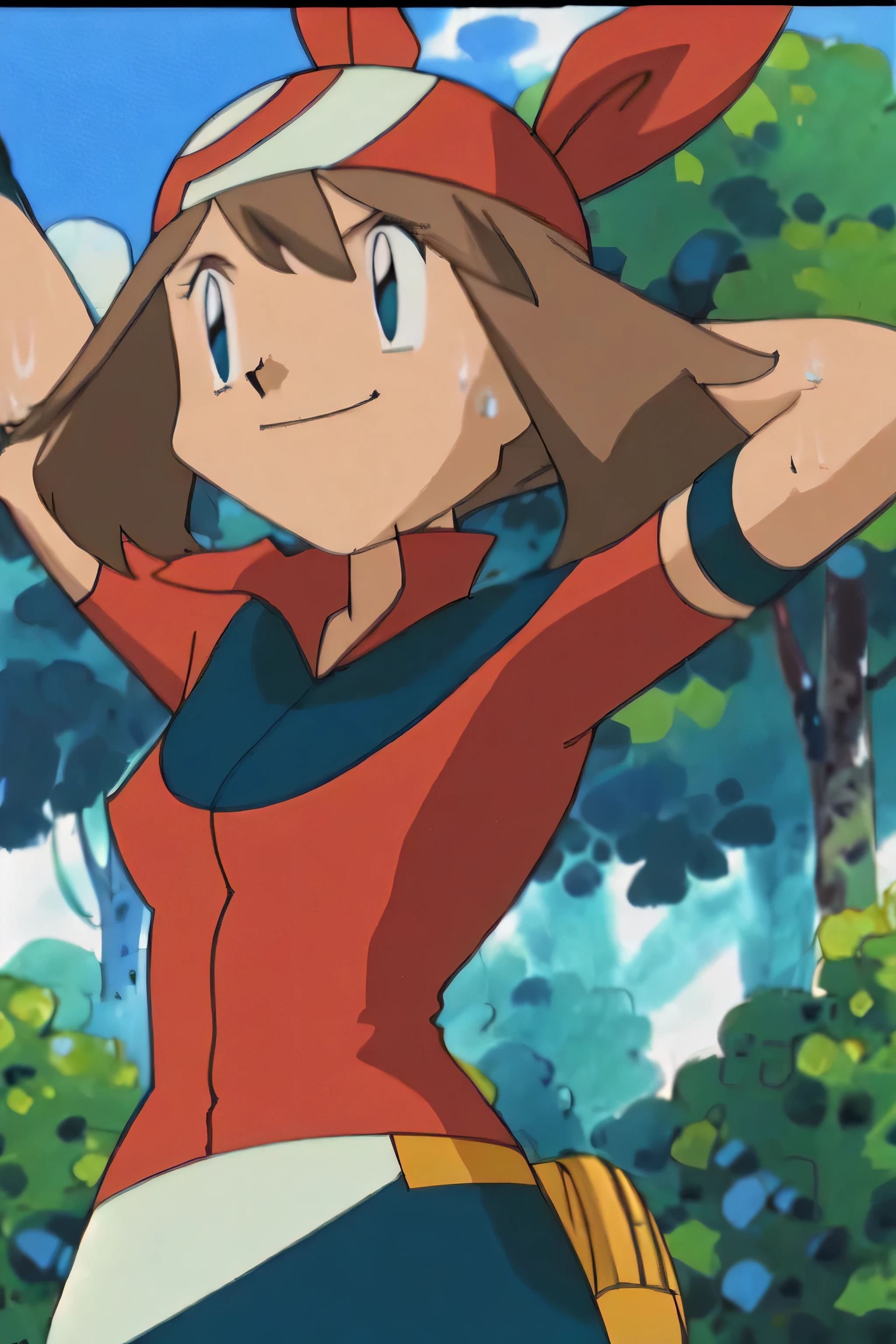 May, sleeveless,red top,sweating,smiling,forest in background, village, blue sky, high quality, masterpiece mature appearance,armpits,sweat,sweaty,sweaty armpits,arms up,showing armpits,awesome armpits,outfit,blackish red arm warmers,maroon arm bands, maroon arm warmers,both arms raised