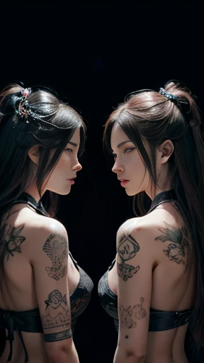 2 women, Hyper-realistic depiction of the Russian music group "Tattoo," showcasing dynamic lighting and intricate illustrations. The image is presented in 8K resolution, boasting ultra-detailed tattoos of dragons and koi fish adorning the group members' backs. The Best Illustration showcases beautifully detailed eyes, top-quality shading, and ultra-detailed ink work. The group's faces are perfectly proportioned, with realistic skin textures and film grain effects for an authentic feel. The darkness of the night provides a perfect backdrop for the high-contrast light and shade, making it a masterpiece worthy of use as a wallpaper. Detailed clothing, such as