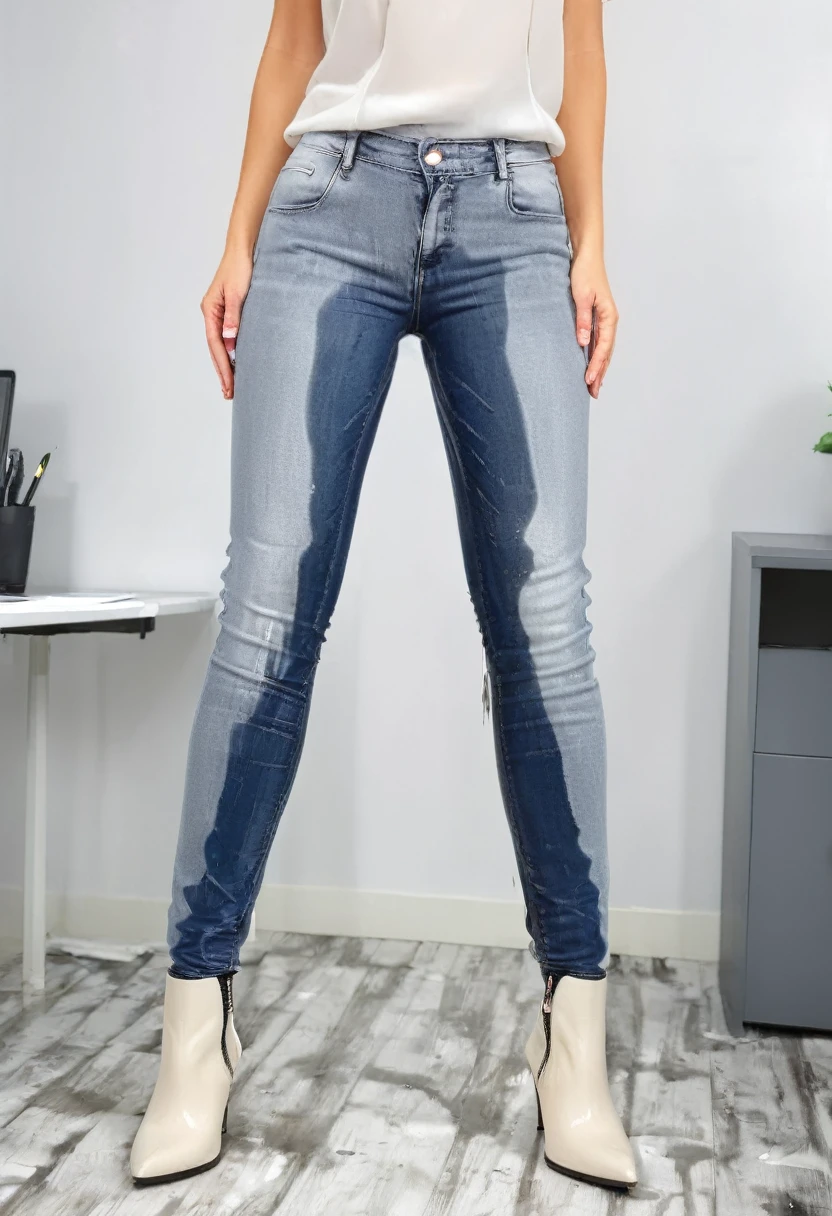 attractive blonde woman wearing skinny jeans, ankle boots, white blouse, standing in an office,  wetting, big smile, pee stains are gleaming wet, pee stains bulge out onto hips of jeans