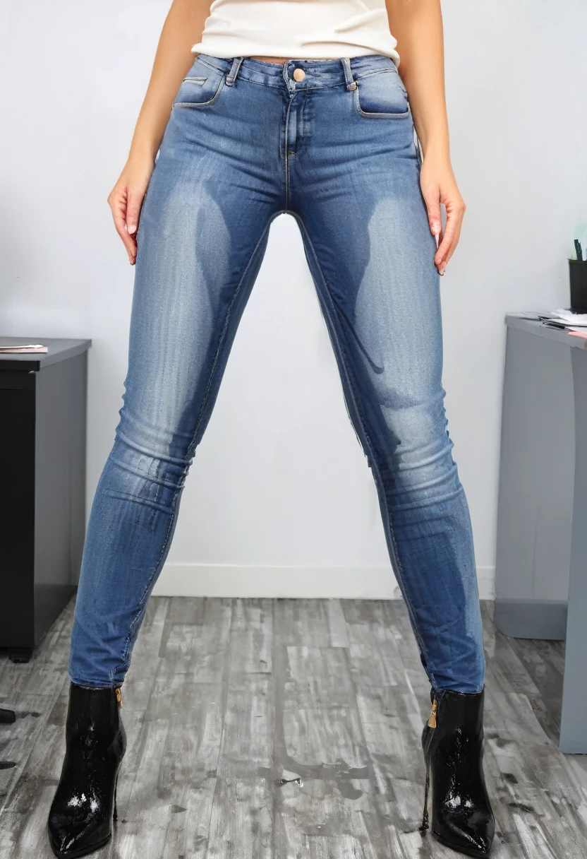 attractive blonde woman wearing skinny jeans, high heel pumps, white blouse, standing in an office, wetting, big smile, pee stains are gleaming wet, her blouse is wet with pee, nipples visible, show shoes, ((soaking wet all down the front of her blouse, shoes and jeans)), shoes full of pee