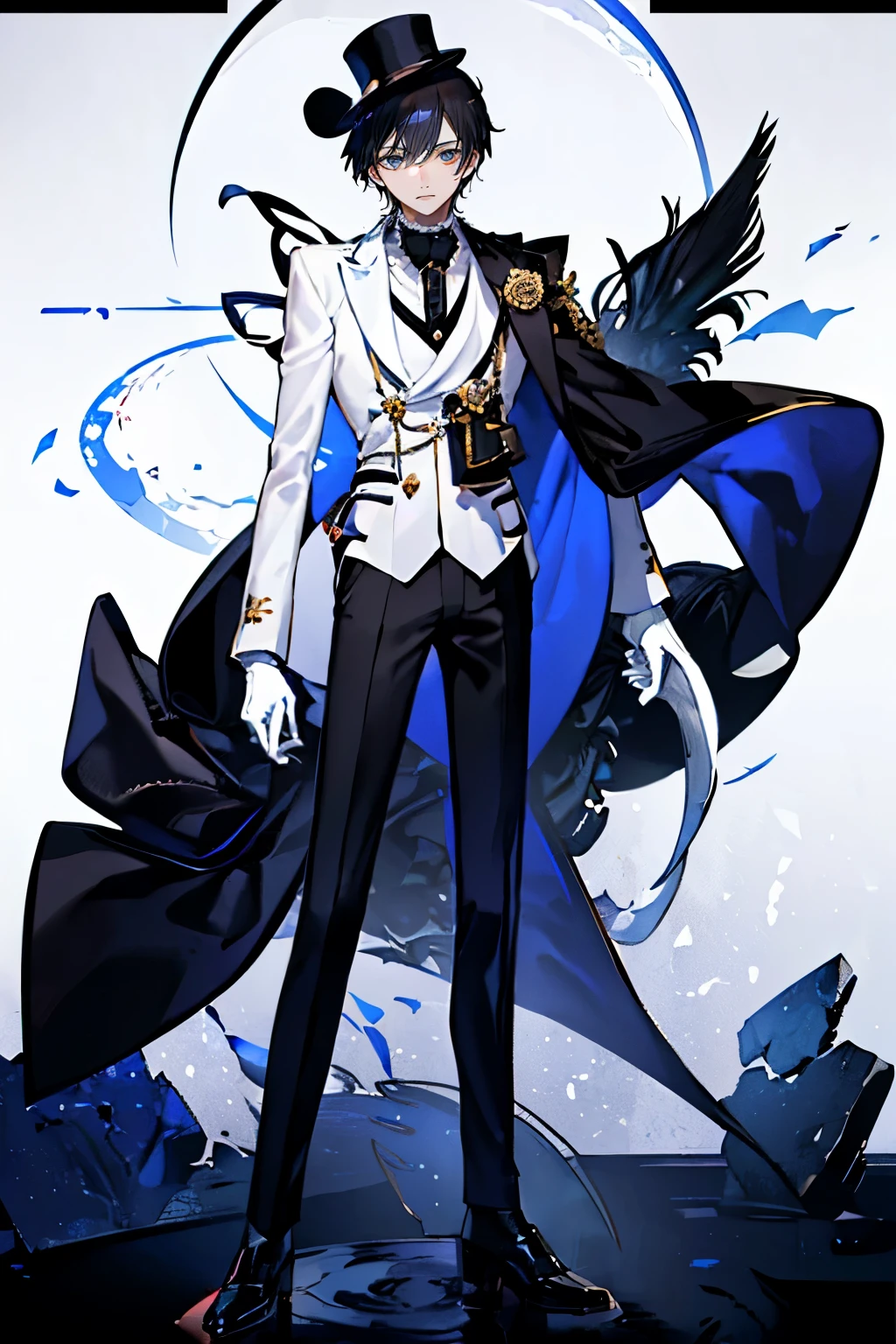 (Mastepiece), (Best Quality), Very detailed, (( boy:1.5)), Perfect Face, Beautiful Face, Very detailedな顔，(Full body photography:1.3)、Black Hair、Short Hair，Thief、White suit、White Top Hat、White gloves、Monocle、Trump、White Moon、Night Sky