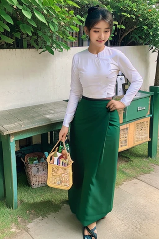 A school teacher is 30years old.Tall, thin, big hips, big breasts, black hair, small lips, brown eyes, attractive, K.Top=white Burmese blouse,With long sleeves,Buttoned at the side.Bottom=(Dark green) long skirt.
Footwear=female Burmese sandals,The hair is knotted bun.