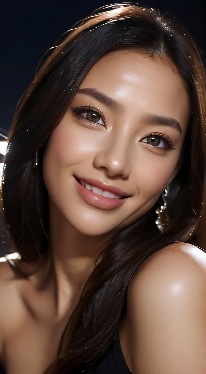 beautiful woman wearing a dress，Body Portrait、8k，Beautiful details in the eyes，Dindal effect、masterpiece, 最high quality, high quality, High resolution、Super detailed photos、(Natural skin texture、Detailed skin、Hyperrealism、Ultra Sharpness)、Skin with attention to detail、(Very detailed、Detailed skin texture、Intricate details、Beautiful Face、(A vivid face)、Realistic eyes、Beautiful and fine details、Realistic Skin、Beautiful skins、Surreal、Very detailed、Golden Ratio、With a smile、((Night moonlight background))、Body Portrait