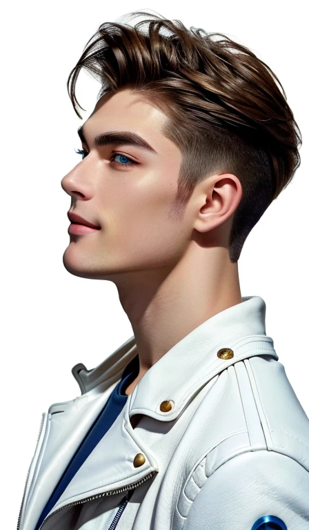 Close-up of a European-American man wearing a white leather jacket,Protruding jawline, The jawline is slightly clearer, Strong jawline,  Sharp jawline，Smiling，Handsome golden brown hairstyle，Background cyberpunk style，Cyberpunk men，Golden brown eyebrows，Blue Eyes，No white background