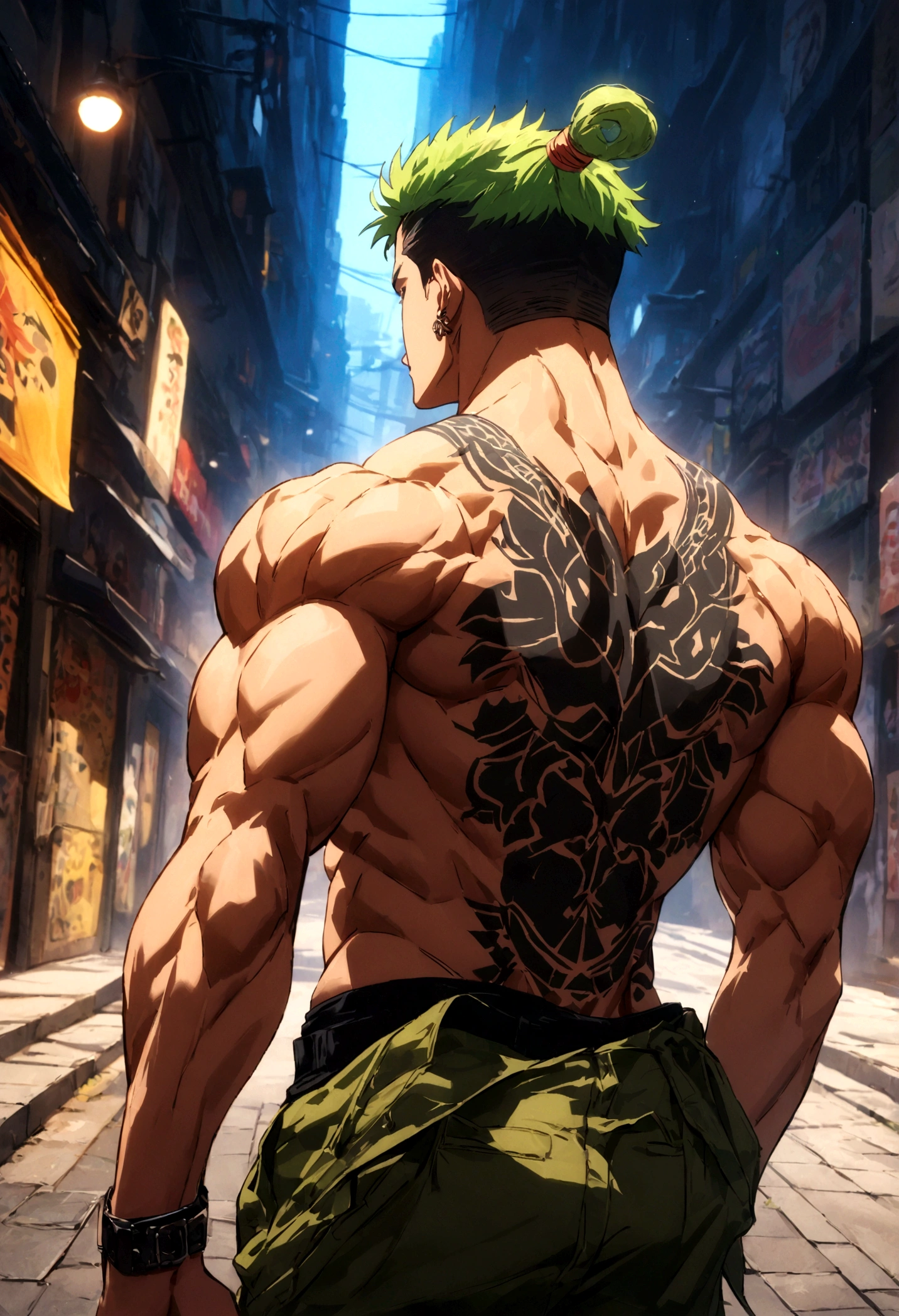 strong muscular boy with Guan Yu tattoo on his toned bare back, street style, high-resolution details, urban vibe, vibrant colors, dramatic lighting