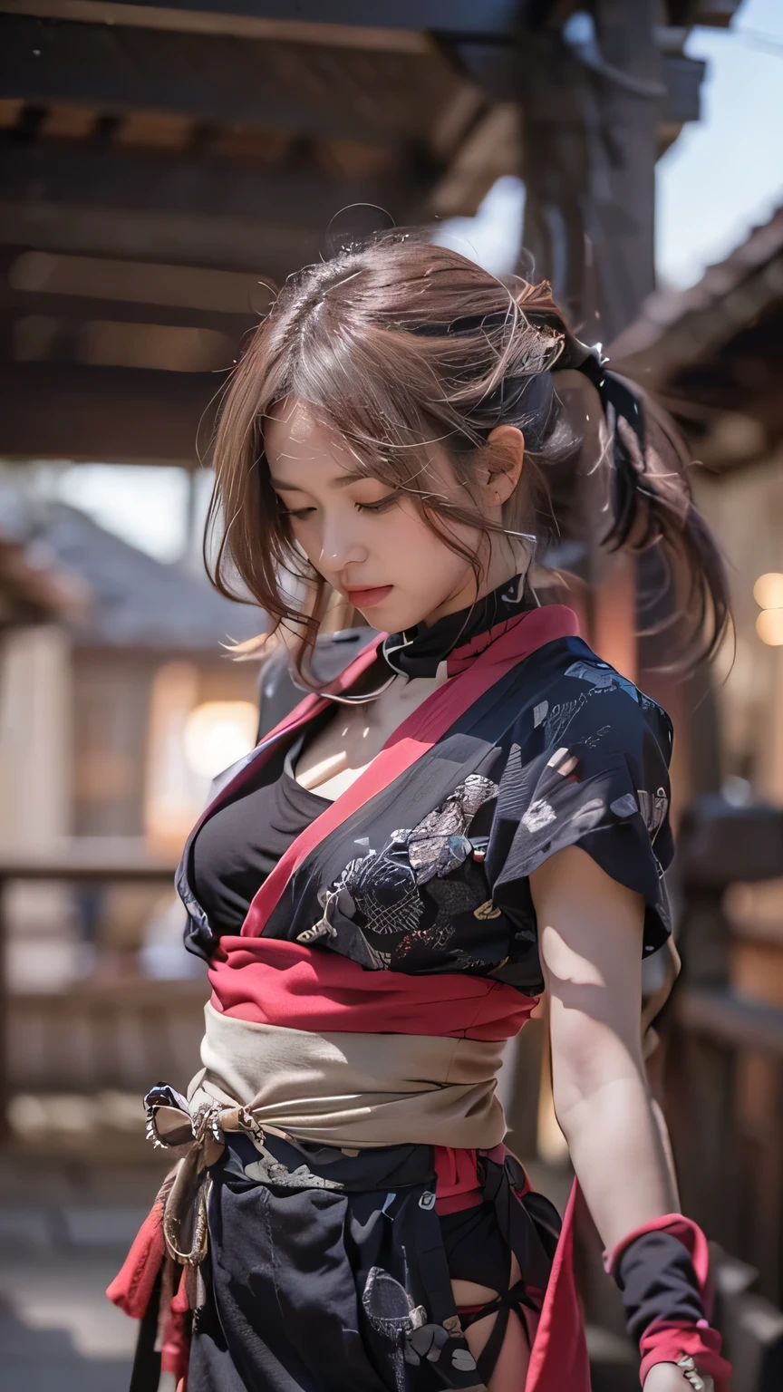 ((The background is the village of Shinobi:1.5)、Female ninja training in the village)、(Realistic、Like a photograph、Live Action、8k, Photorealistic, RAW Photos, Best image quality: 1.4), Single-lens reflex camera、RAW Photos, highest quality, Realistic, Highly detailed CG Unity 8k wallpaper, Written boundary depth, Cinematic Light, Lens flare, Ray Tracing, Realistic background、((waso:1.5、ninjya:1.3、kunoichi:1.4、skirtlift)、Sexy Ninja:1.37、Get into a fighting stance:1.3、Ninjutsu activation:1.2、Trained abdominal muscles、Big Breasts、Pull up the hem to reveal your underwear:1.3)、Grey Hair、short hair、Standing in the village、Night Village、((Ultra-dense skin))、 1 girl,Cute Kunoichi、((whole body:1.5)，Looking at the audience:1.1、Glare、I like that style、Pay attention to the details、The perfect outfit、(White skin)、An accurate portrait、Accurate Arm、Accurate feet、Beautiful legs、Precise thighs、Anatomically correct body、View from below