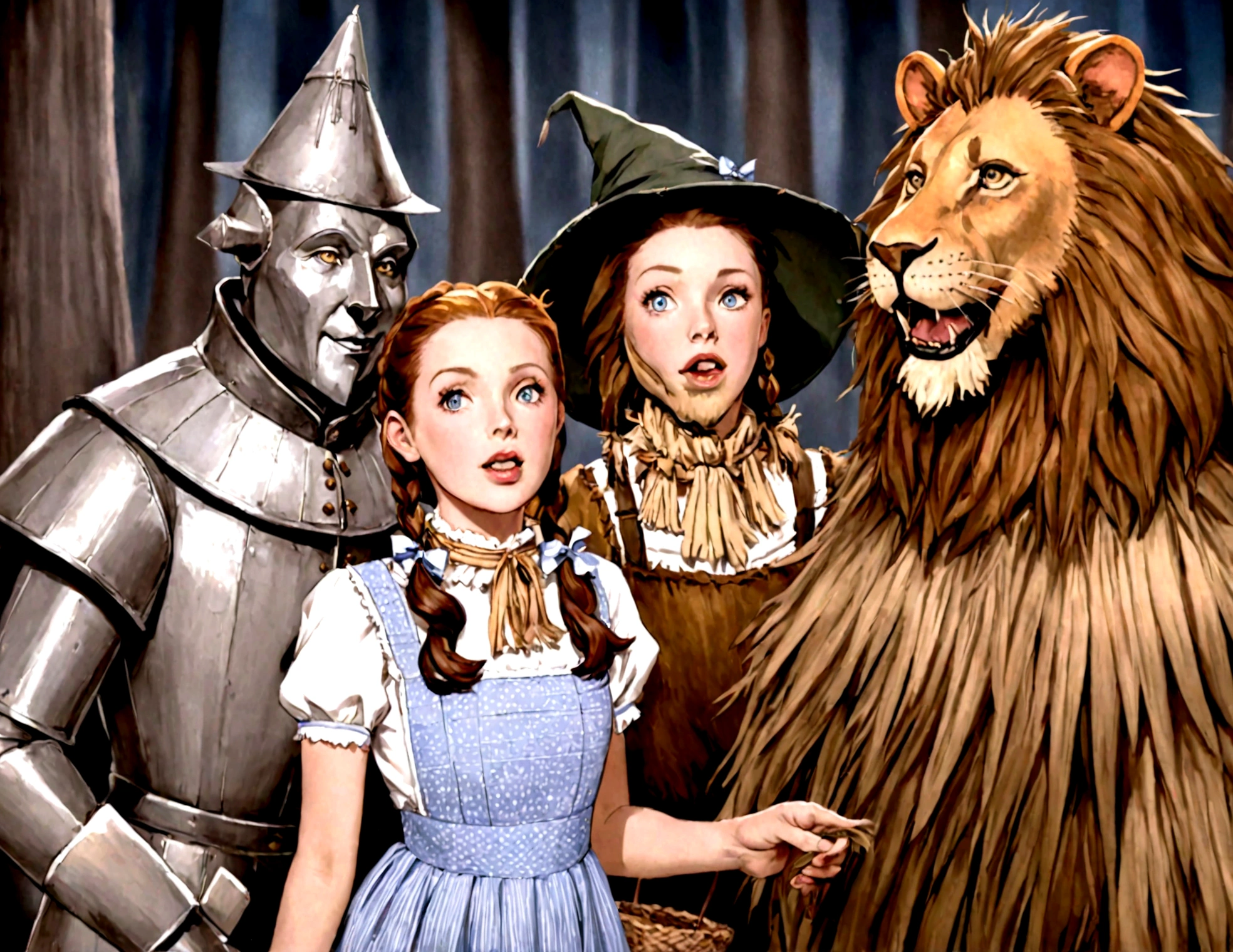 The Wizard of Oz,Tin Man,scarecrow,Dorothy and the Lion Walking on the Golden Mile,illustration,masterpiece,skinture,