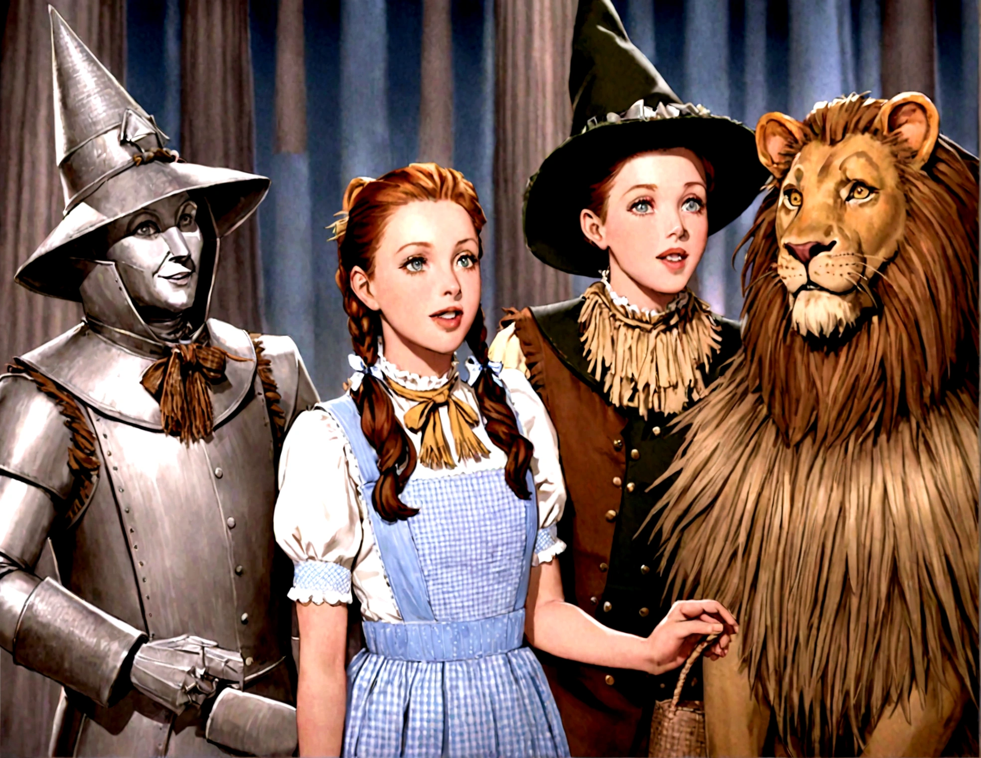 The Wizard of Oz,Tin Man,scarecrow,Dorothy and the Lion Walking on the Golden Mile,illustration,masterpiece,skinture,