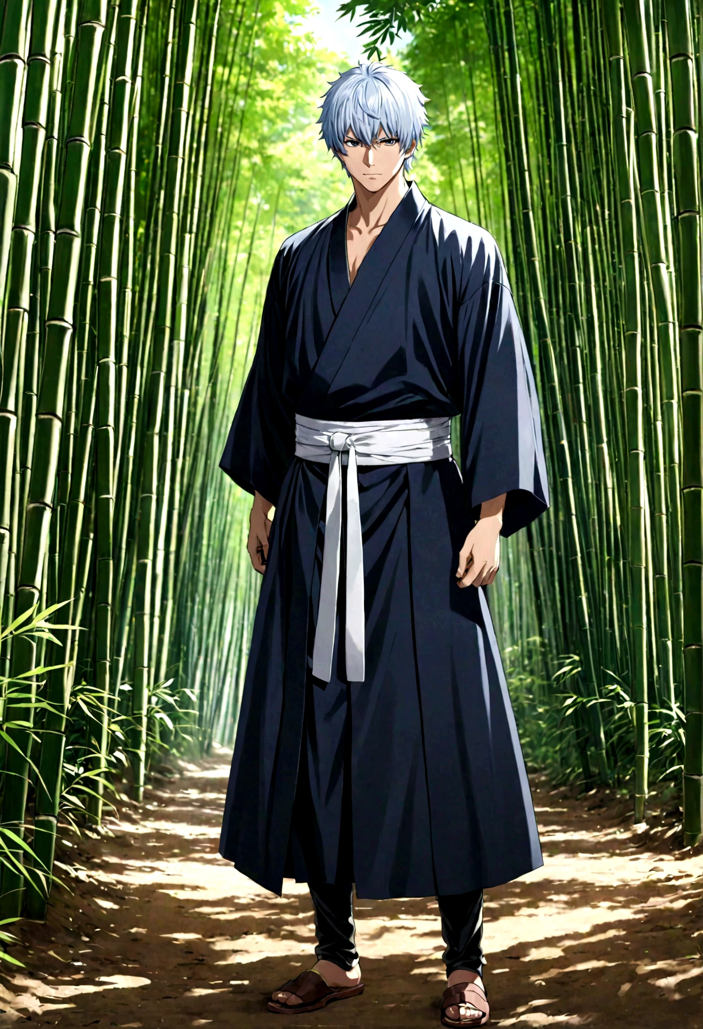 masterpiece, best quality, detailed, Gintama, Sakata Gintoki, outdoor, bamboo, forest, Possession of weapons, Serious, Gintoki clothing, 