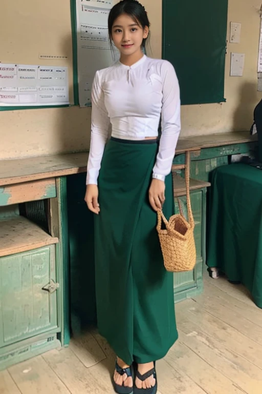 A school teacher is 30years old.Tall, thin, big hips, big breasts, black hair, small lips, brown eyes, attractive, K.Top=white Burmese blouse,With long sleeves,Buttoned at the side.Bottom=(Dark green) long skirt.
Footwear=female Burmese sandals,The hair is knotted bun.