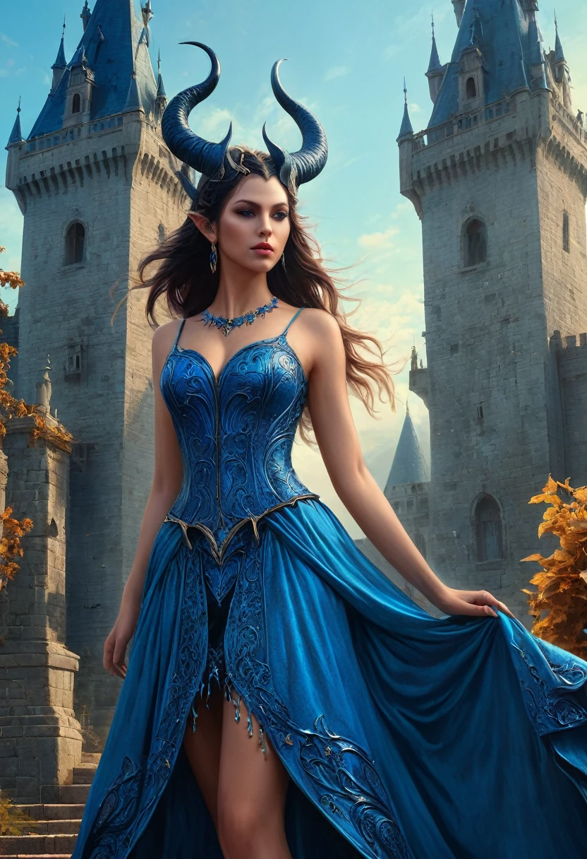 a woman with horns and a blue dress is standing in front of a castle, mujer de fantasia, detailed fantasy art, detailed fantasy digital art, fantasy art, beautiful succubus, hd fantasy art, beautiful detailed fantasy, fantasy digital art, amazing fantasy art, fantasy artwork, very detailed fantasy, beautiful fantasy art, very beautiful fantasy art, karol bak uhd