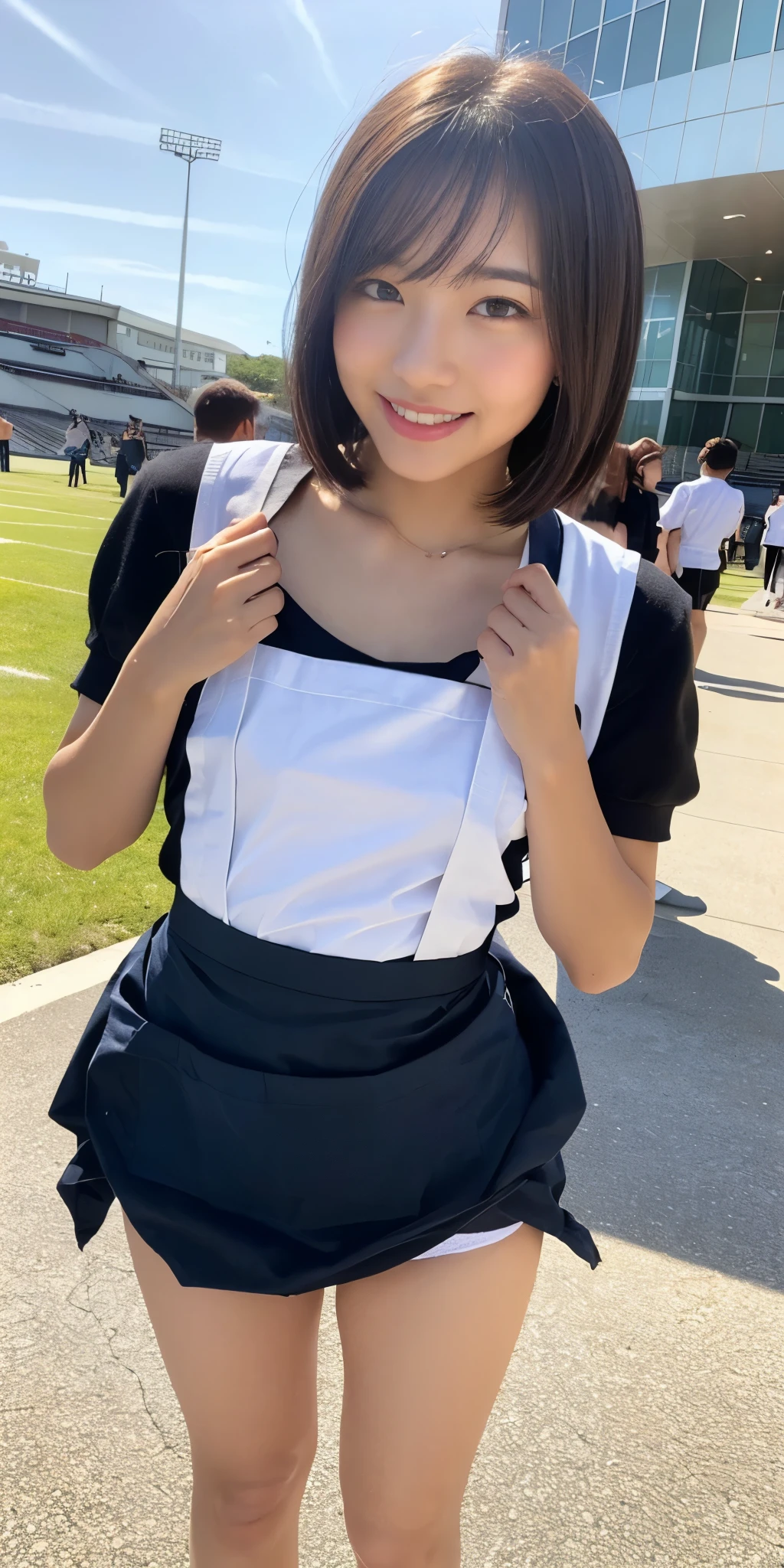 Neat and clean high school girl、(school uniform、Sailor suit、Ribbon tied on chest、Summer clothes、The upper body is white、The skirt is navy blue)、Outside the stadium、(slim)、Realistic、detailed, Skin Texture, 超detailed、Delicate and sexy collarbone、A sloppy smile、スーバーdetailedな顔、detailed唇、detailedな目、Small breasts、Small breasts、、Small breasts、Flat Chest、Accentuate your breasts、Bright Face、((Are standing、White panties visible under the skirt、Lift the hem of your skirt slightly with both hands...,,))((Naked and wearing only a white apron、Naked sexy white apron))、Short hair with bangs、Straight Bob Hair、、Top View、12 years old、(((Deep tan、Tanned brown skin、Black skin color)))、(Dark brown skin:1.5)