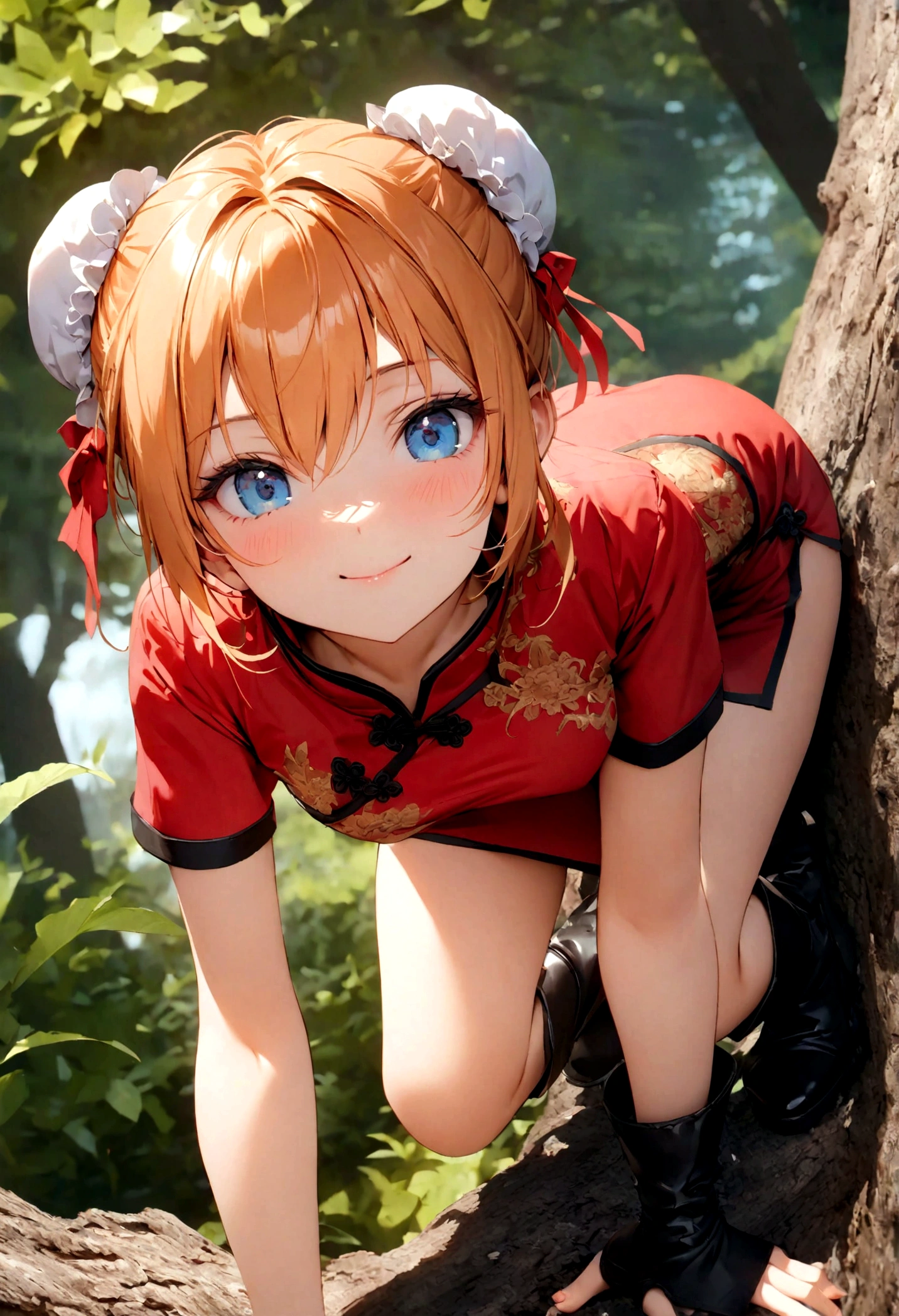 Gintama, Kagura, Orange hair, red dress, double bun, bun cover, china dress, chinese clothes, knee boots, short sleeves, small breasts, Blue eyes, 
tree, (in_tree), all_fours, on branch, v,, (masterpiece:1.3), (best_quality:1.3), (ultra_detailed:1.3), 8k, extremely_clear,, 1girl, solo, wide_shot,, outdoors,, insane details, intricate details, hyperdetailed, ultra detailed, extreme detailed, highest detailed, high_detail, colorful, beautiful, hdr, photorealistic, highres, ultra_high_res, photography, aesthetic, extremely_delicate,, seductive_smile,