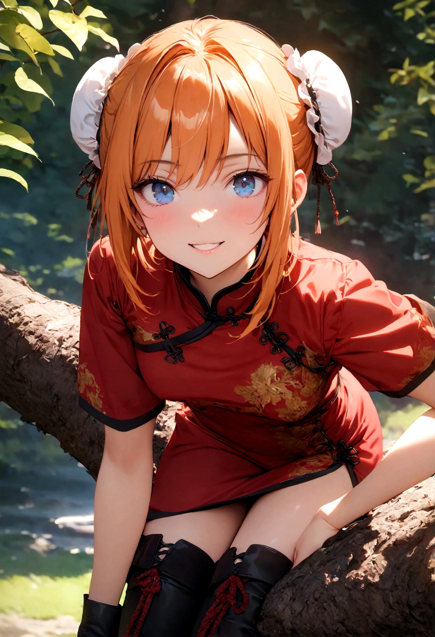 Gintama, Kagura, Orange hair, red dress, double bun, bun cover, china dress, chinese clothes, knee boots, short sleeves, small breasts, Blue eyes, 
tree, (in_tree), all_fours, on branch, v,, (masterpiece:1.3), (best_quality:1.3), (ultra_detailed:1.3), 8k, extremely_clear,, 1girl, solo, wide_shot,, outdoors,, insane details, intricate details, hyperdetailed, ultra detailed, extreme detailed, highest detailed, high_detail, colorful, beautiful, hdr, photorealistic, highres, ultra_high_res, photography, aesthetic, extremely_delicate,, seductive_smile,