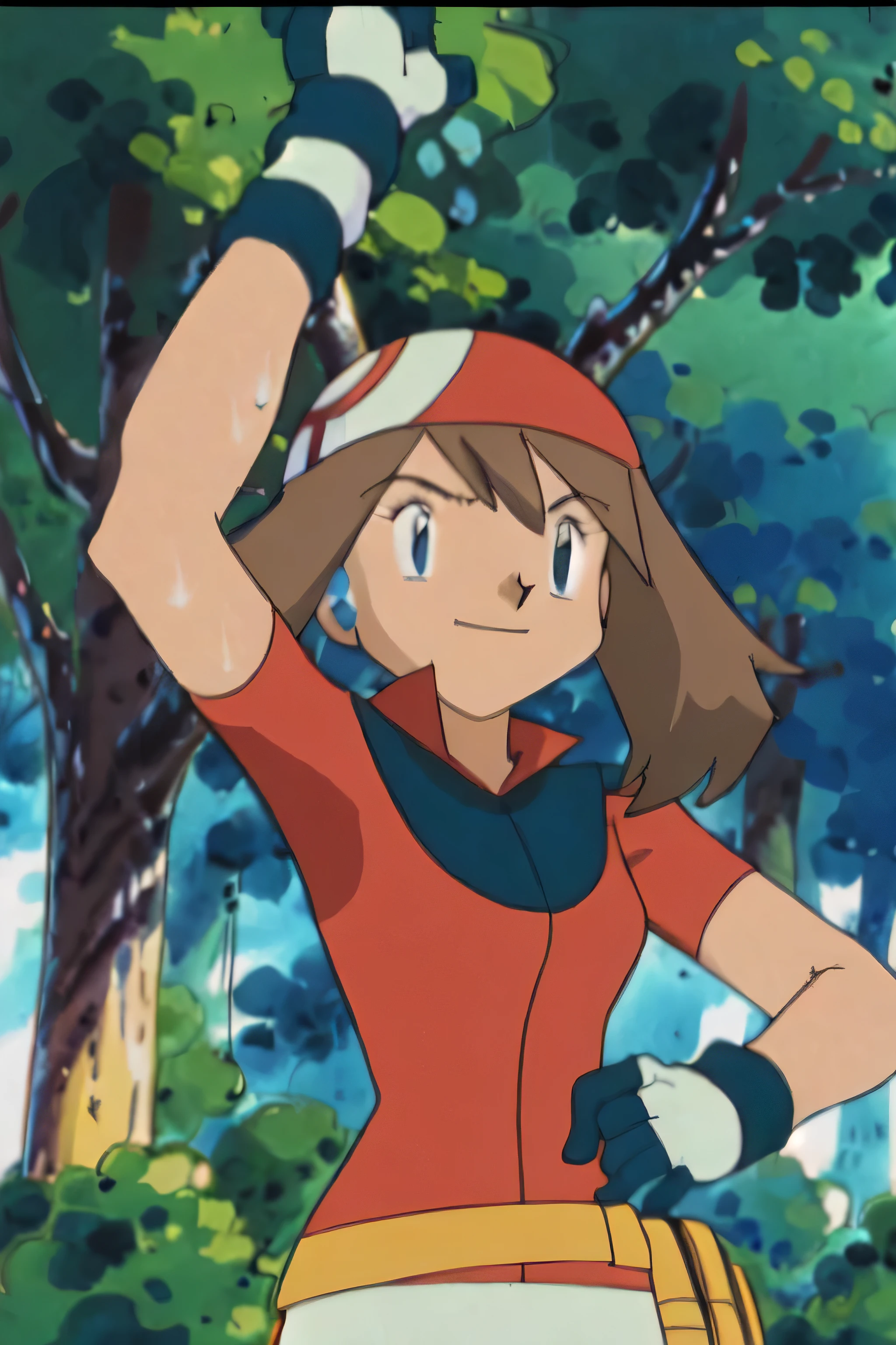 May, sleeveless,red top,sweating,smiling,forest in background, village, blue sky, high quality, masterpiece mature appearance,armpits,sweat,sweaty,sweaty armpits,arms up,showing armpits,awesome armpits,outfit,blackish red arm warmers,maroon arm bands, maroon arm warmers,both arms raised