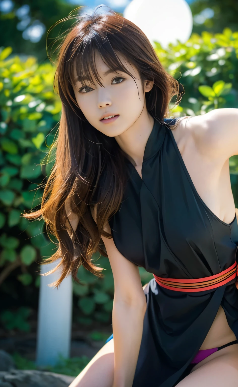 (((Perfect anatomy with detailed depictions of the limbs))),(((Capture the essence of the action and never miss a photo opportunity))),4k,One person,Fantasy,Shiho, who plays the role of a female ninja with beautiful E-cup breasts and a coke bottle body,(((Shooting in a quiet bamboo grove deep in the mountains on a moonlit night,The moonlight is impressive,江戸時代の和装で全身黒尽くめの忍者の時代劇衣装を着こなす美しいFemale ninja,Run silently through the bush,Tight black detailed long sleeve ninja costume))),Ponytailed, muscular, perky hips, coke bottle body,((She covers her face with a black cloth, leaving only her eyes exposed, and wears a sleeveless black kimono, a tight loincloth, and black tabi socks.)),Glaring gaze,(ultra precise detailed),(Masked Face),(Quick Movement),(stealth),(Mysterious),(arms),(knife),(Shuriken),(dagger),(両手にショートknifeを持つ),(Shuriken),(Graceful pose),(evening),(Moonlit Sky),(Enchanting shadows),((Magical Aura)),(daring acrobatics),(Ninja Master),(Quiet footsteps),(Highly skilled),(dedicated warrior),(invisible assassin),(Ninja Master),(Intricate details),(secret gaze),(The glaring eyes are impressive.),(Concentration),(Epic battle scenes),(Mysterious力),(rippling muscles),(Fierce determination)、(Warrior's),(exhilarating action),(Traditions of),(unbreakable code),(fearless guardian),(unparalleled combat skills),(constant vigilance),(invisible protector),(highest quality,Ultra-detailed,High resolution,Physically Based Rendering:1.2),(immersive lighting),(Bright colors),(Dynamic configuration),(masterpiece),Fantasyアート,Female ninja,complete ninja costume,arms,超A high resolution,Ultra-Realistic Skin,Beautiful expression,A handsome face with a high, straight nose, clear chestnut eyes and glossy lips.,Using a Nikon D5,Setting is F value 1.4 ISO100 Shutter speed 1/500,8Khighest quality,Create impressive photos of darkness and moonlight through the contrast of light and shadow,