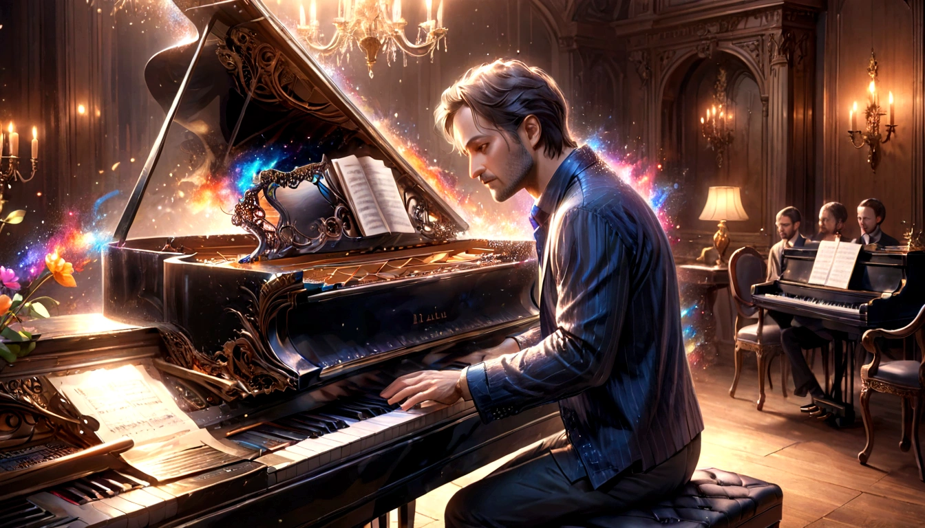 A 40-year-old man playing the piano