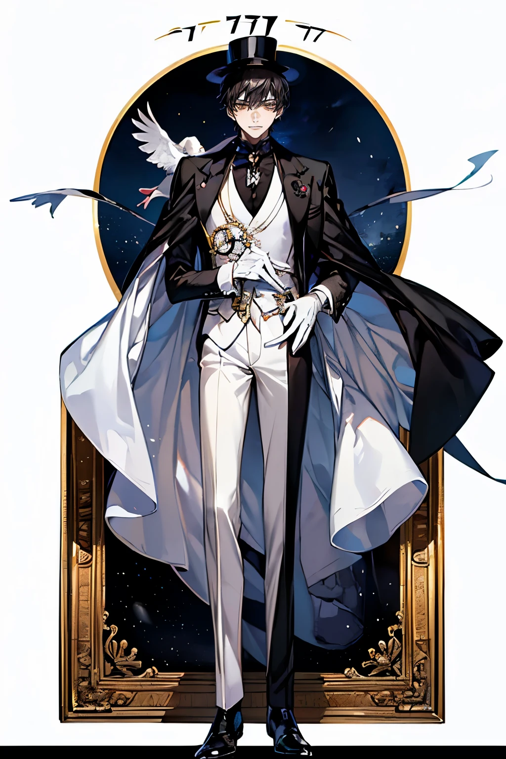 (Mastepiece), (Best Quality), Very detailed, (( boy:1.5)), Perfect Face, Beautiful Face, Very detailedな顔，(Full body photography:1.3)、(Black short hair:1.3)，Thief、(White suit)、(White Top Hat)、(White gloves)、(Monocle)、(Trump)、White Moon、Night Sky、(White Dove)