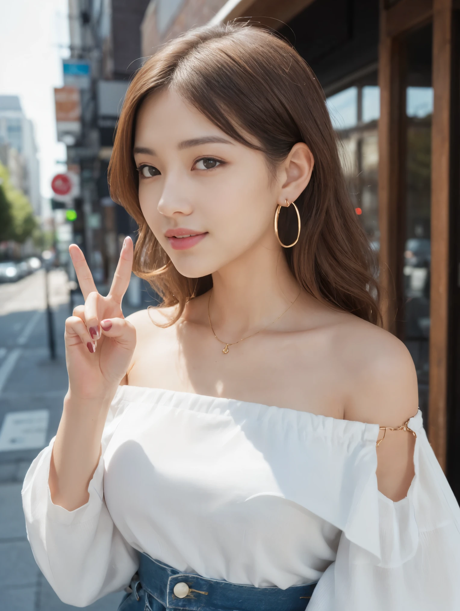 (masterpiece:1.3), High resolution, Super detailed, Highly detailed CG Unity 8k wallpaper, Realistic, photo-Realistic, RAW Photos, Beautifully detailed face, Pale skin, Realistic glistening skin, Detailed cloth texture, Detailed hair texture, Perfect Style, Beautiful Face, Accurate, Anatomically correct, Highly detailed face and skin texture, Natural neck length, (thin and beautiful fingers), break, Fine grain, Symmetrical eyes, Brown eyes, double eyelid, Thin eyebrows, (Glossy lips:1.4), (smile:1.1), break, ((Pure and cute girl:1.3)), ((Wearing an off-shoulder white blouse:1.4)), (Beautiful clavicle), (Gold String Belt), (Denim pants:1.2), (Cross strap high heels:1.2), (necklace, bracelet), ((Shoulder clutch bag, big hoop earrings, Pinky Ring:1.2)), (Beautiful blue nails) break, Layered Hairstyles, (Brown Hair:1.2), (Wavy Hair:1.2), Medium Long Hair, Big Breasts, (Hard chest), (Shapely breasts:1.1), break, ((Peace sign pose:1.2)), (View Viewer), break, ((Upper Body:1.2)), (Focus on the face:1.2), (From the side),smile、Japanese girl、18-year-old、City