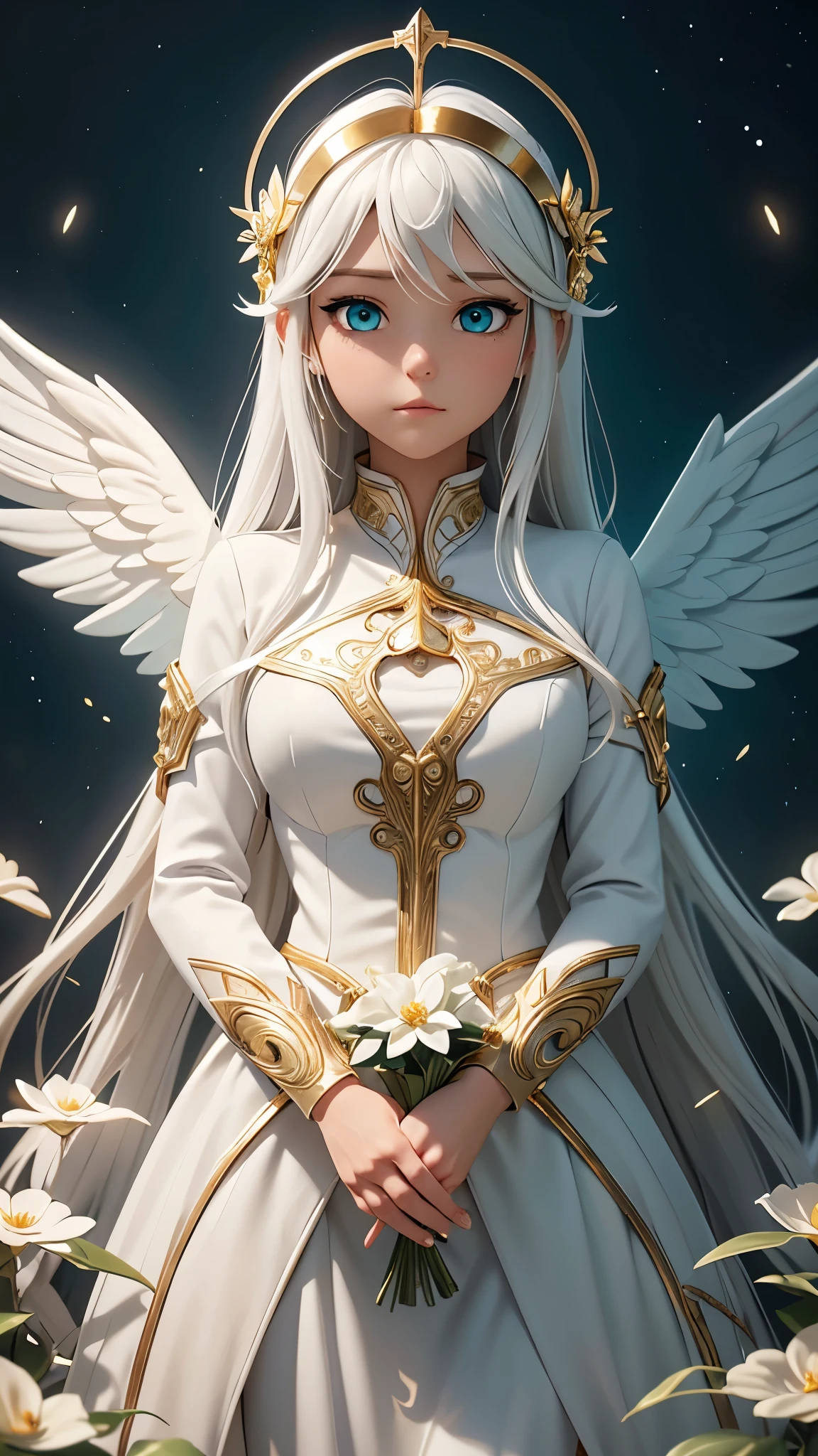 (intricate details), (****), eldritch, (dream), illustration, heaven background, flowers, 1girl, white hair, golden eyes, long hair, halo, angel wings, (dark skin), serene, looking at viewer, marroon, (aqua:1.2), plants, (white:0.8), immaculate, heroic \(theme\), glow, glowing beam eyes, (gold), sy3, SMM