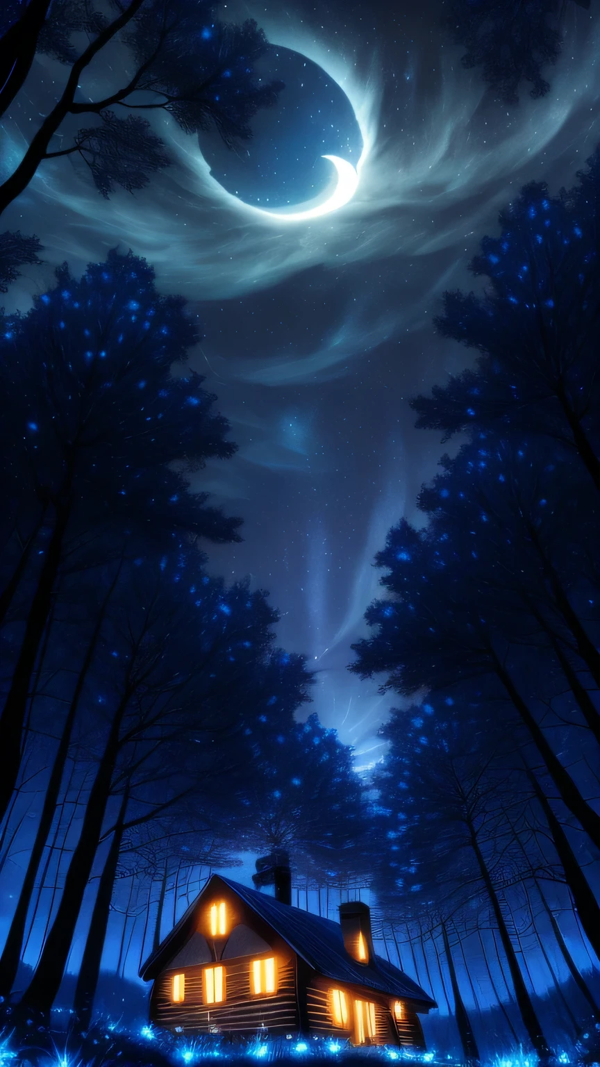 A Quiet Cabin in the Depths of the Forest,
Enshrouded in the Darkness, Tender Illumination,
A Fascinating Glow Pervades the Surrounding Shadows,
The Sky Above Displaying a Mesmerizing Deep Blue Hue,
Fluffy Clouds Scattered Across the Sky,
Twinkling Stars and a Stunningly Clear Crescent Moon Await,
To Increase the Allure, a Majestic, Shimmering Butterfly Flutters Gracefully in the Air,
Their Wings Emitting a Magical, Enchanting Light.