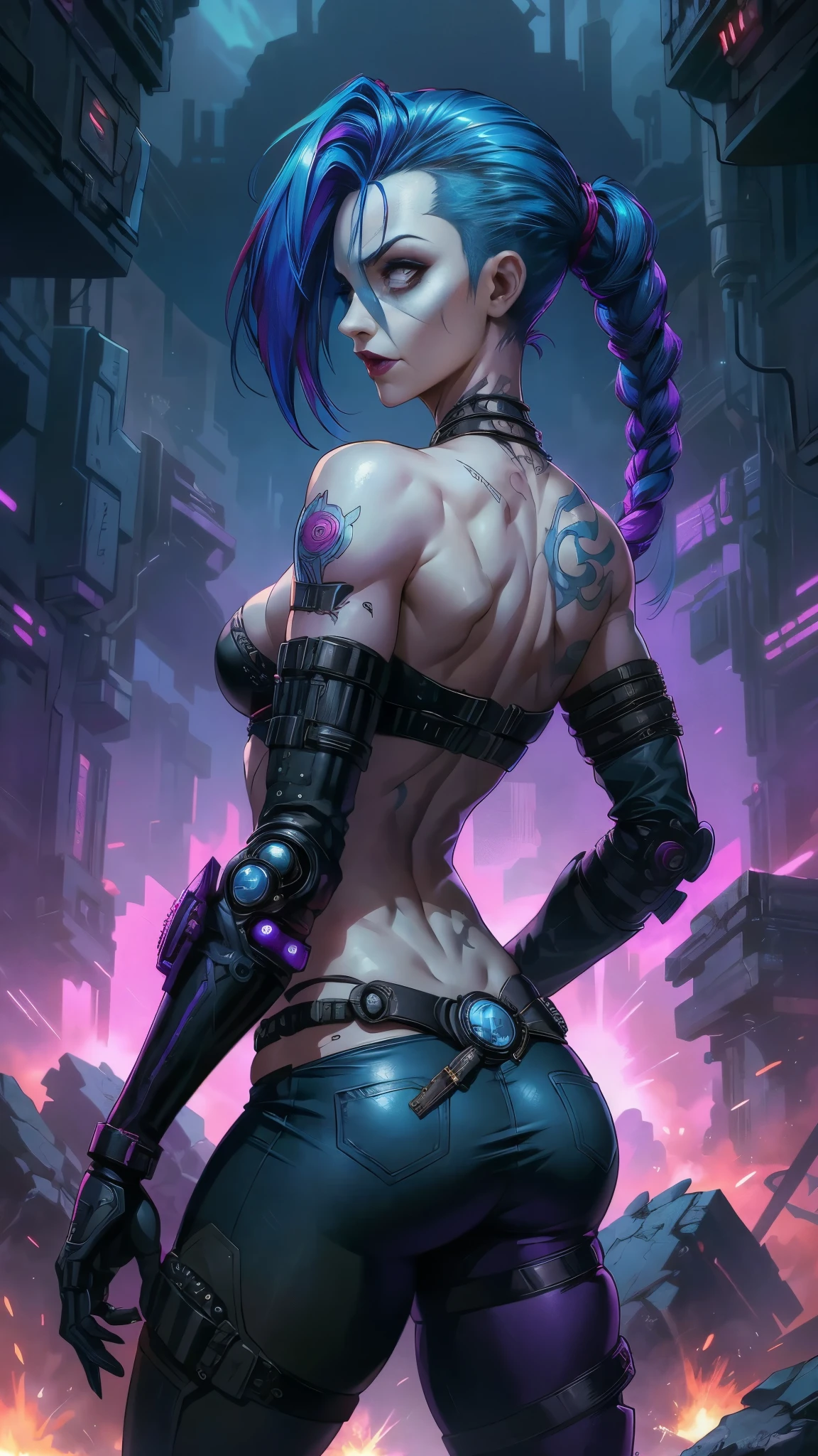 (rear view, backside view),jinx arcano, uma mulher com cabelo azul e tatuagens, mulher cyberpunk mulher anime,( pants white) , (Deusa cyberpunk raivosa bonita:1.4) , estilo de arte cyberpunk, ,(Fondo de ruinas de mazmorra en ruinas:1.4 ), arte digital de anime cyberpunk, arte de anime cyberpunk, Arcane Jinx Retrato, arte de anime cyberpunk, arte com tema cyberpunk, cyberpunk fantasia sombria, estilo arcano, 1 garota, cloud tattoo on the arm, asymmetrical bangs, franja, cabelo azul, blue braids, camisa marrom, tatuagem de nuvem, lateralmente, cabelo azul, cabelo longo, olhos cor de rosa, Red lips, standing , tatuagem de nuvem, Twin braids. Jinx de arcano. Jinx em um lugar em chamas, spark, esferas de luz, Film Poster, Jinx, Arcane\(Liga das Lendas\, ,(Fondo de ruinas de mazmorra en ruinas cyberpunk :1.4 ),( dynamic cowboy pose), (perfect anatomy :1.4), (cinematic lighting :1.4), (League of Legends-Jinx-Jinx:1.4), (League of Legends-Jinx-Jinx V2.1),( mostrando su trasero hermoso culo) , (medias blancas brillantes/pantys:1.4),(manos perfectas: 1.4),( perfect anatomy V2.1)