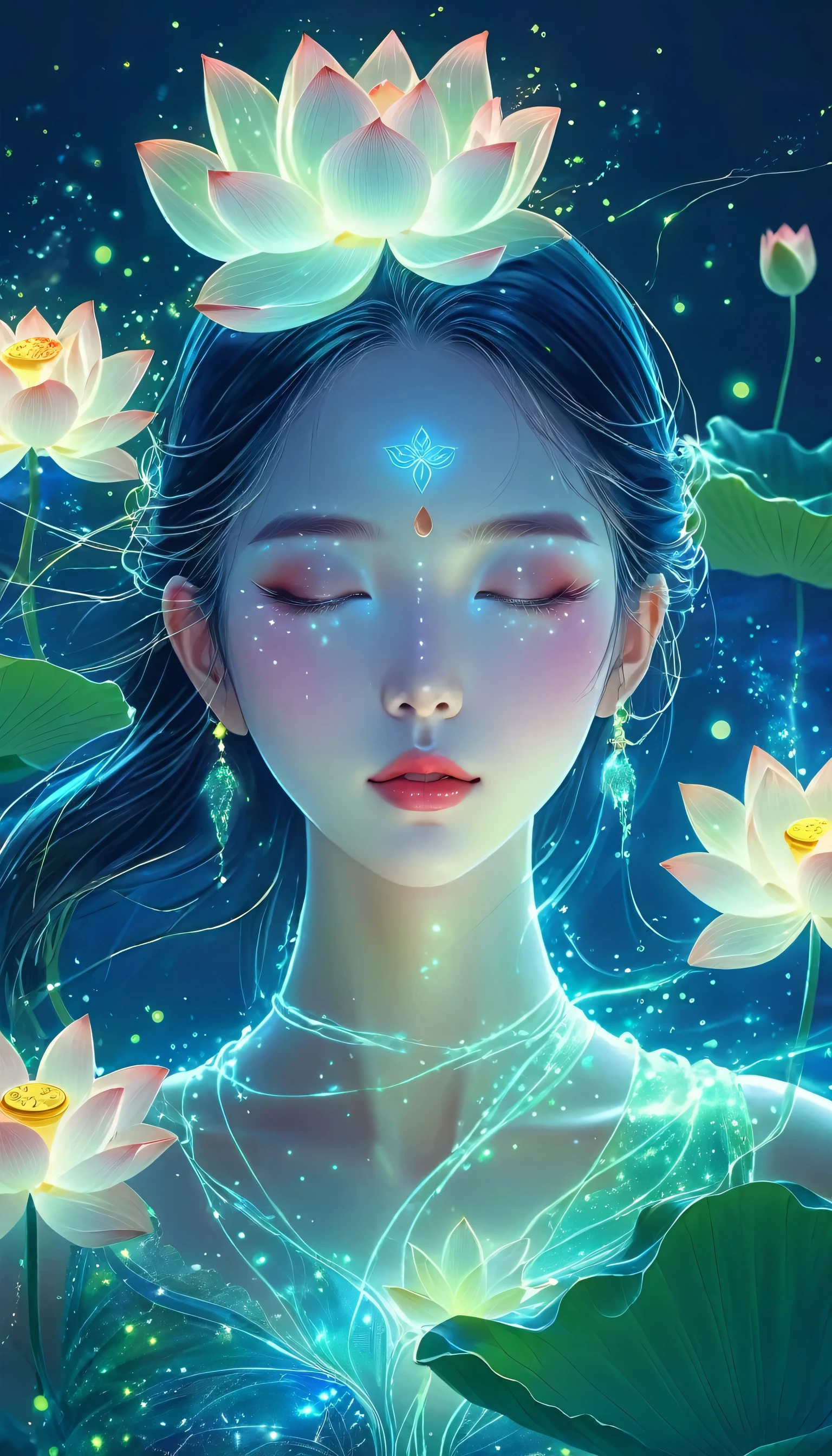 (masterpiece, best quality:1.2), digital art style, charming illustration,Peace Pictures，Ethereal Beauty，Energy dissipation，Fairy, beautiful eyes，Lotus Corolla，Tall lotus，solitary，Body Glow，glowing line，Fluorescence,Glow Example，sample traces，flash，萤Light Particles，Backlight，translucent，Light Particles，Correct human ???????，