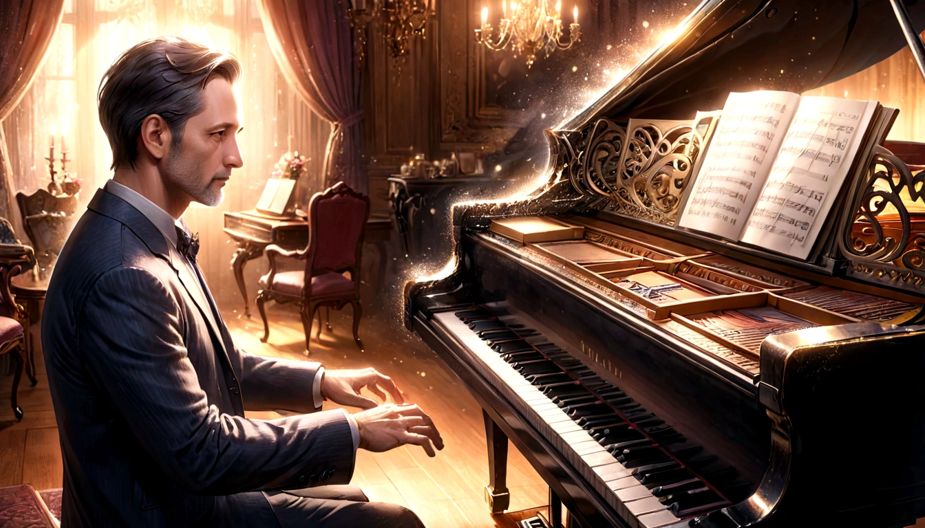 A 40-year-old man playing the piano