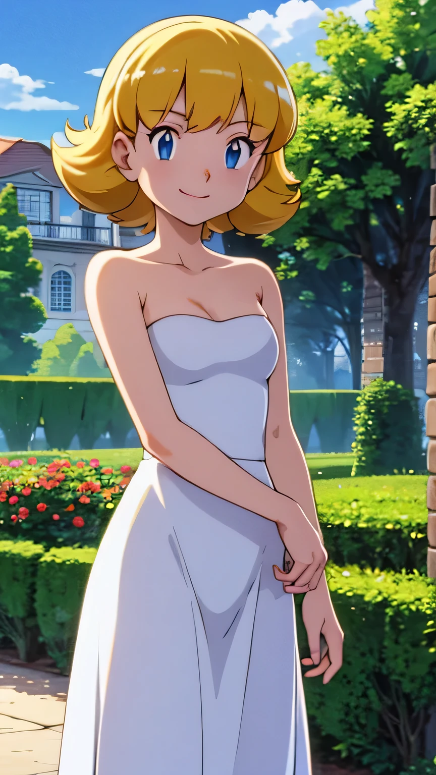 pokemovies, sugimori ken, ken sugimori ken \(style\), anime screencap, masterpiece, best quality, highres, outdoors, small breasts, 1 girl, Solo, Blue Eyes, Beautiful Detail Eyes, Blonde Medium Hair, Short Hair, Bangs, Good hands are down, Smile, Blushing, Bare Neck, Bare Shoulders, strapless, White maxi dress. Standing up. Cowboy shot. A landscape of blue skies, a mountain, a mansion, an garden maze, rose bushes