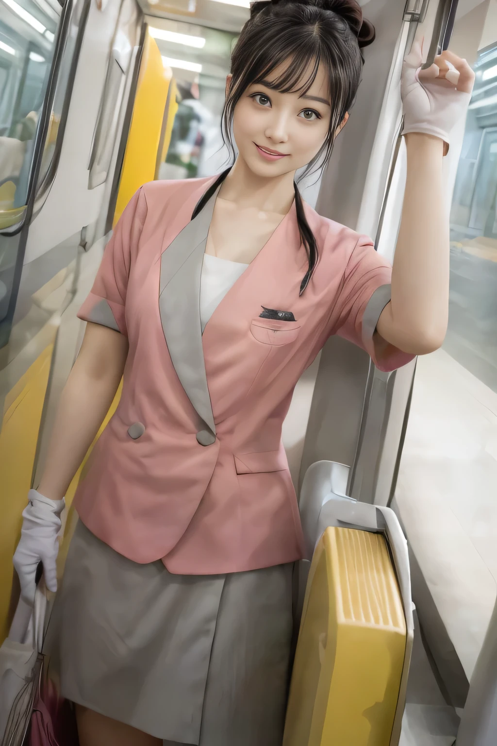 (masterpiece:1.2, highest quality:1.2), 32K HDR, High resolution, (alone、1 girl)、（At the station platform in the afternoon、Professional Lighting）、Background of an empty station platform、（Nankai train crew uniform pinkを着たリアルスタイル）、（Nankai train crew uniform pink short sleeve pink jacket、Nankai Train Crew Uniform Pink Collarless Short Sleeve Blouse、Nankai Train crew uniform pinkのグレー色のキュロットスカート）、Scarf around the neck、Dark brown hair、（Hair tied up、Hair Bun、Hair Bun）、Dark brown hair、Long Shot、Big Breasts、Thin legs、（（Great hands：2.0）），（（Harmonious body proportions：1.5）），（（Normal limbs：2.0）），（（Normal finger：2.0）），（（Delicate eyes：2.0）），（（Normal eyes：2.0））)、smile、（Nankai Train crew uniform pinkのグレー色のキュロットスカートを見せた美しい立ち姿）