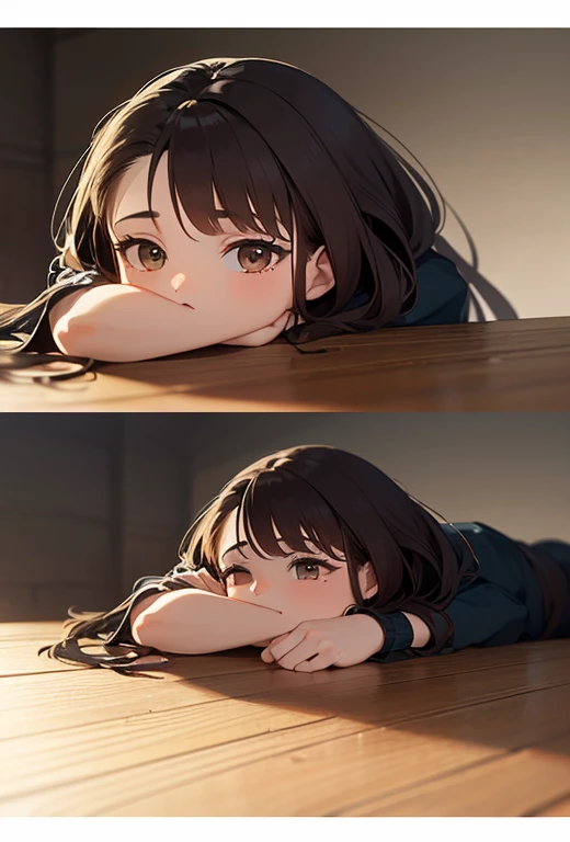 masterpiece, 最high quality, (((Girl lying face down)))、((Cat lying on head))、, Beautiful details, Beautiful and sophisticated cat,, very fine fur, Soft and fluffy, Adorable, Playful, Curious look, Long Hair Girl, Girl looking up at cat, Intricate details, high quality, 8k, Realistic, masterpiece, Natural light, Warm tones