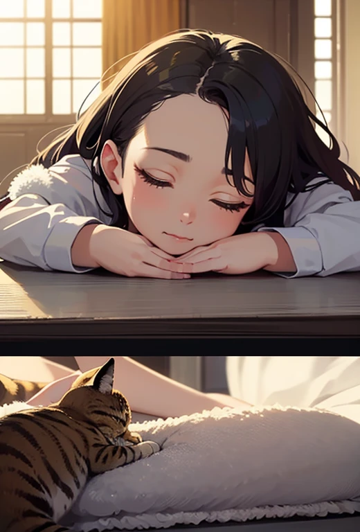 masterpiece, 最high quality, (((Girl lying face down)))、((Cat lying on head))、, Beautiful details, Beautiful and sophisticated cat,, very fine fur, Soft and fluffy, Adorable, Playful, Curious look, Long Hair Girl, Girl looking up at cat, Intricate details, high quality, 8k, Realistic, masterpiece, Natural light, Warm tones