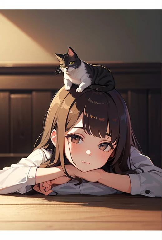 masterpiece, 最high quality, (((Girl lying face down)))、((Cat lying on head))、, Beautiful details, Beautiful and sophisticated cat,, very fine fur, Soft and fluffy, Adorable, Playful, Curious look, Long Hair Girl, Girl looking up at cat, Intricate details, high quality, 8k, Realistic, masterpiece, Natural light, Warm tones