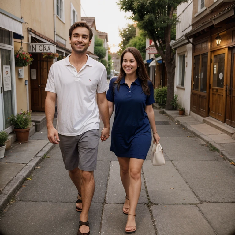 The couple embarks on a weekend getaway to a quaint bed and breakfast. The man, with a warm smile, wears a casual polo shirt and chinos, while the woman, who is 39 years old and tall, with a round-shaped face, white skin, and chestnut brown hair disheveled and flowing down to her breasts in two parted sides, opts for a comfortable sundress and sandals. They explore the charming town, hand in hand, stopping at local shops and enjoying romantic dinners by candlelight."