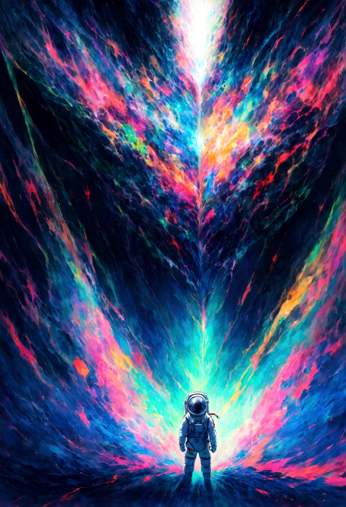 A black sphere floating in the middle of a beautiful universe。A glittering, spectacular and colorful world。No people。Character drawing。acrylic painting