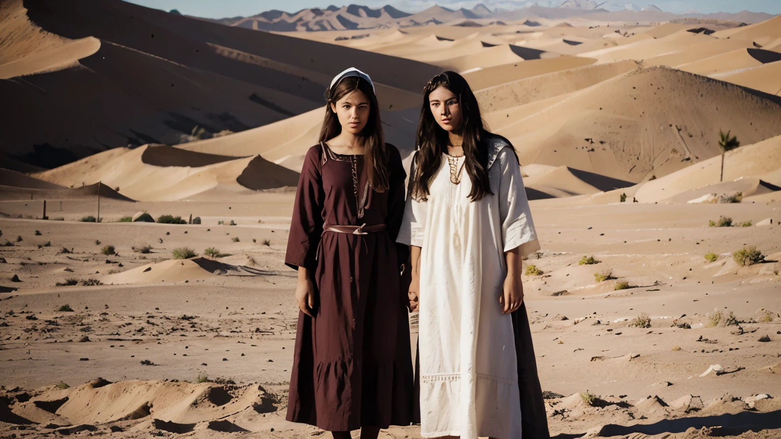 Fotografia de [Rute e Noemi] , [with clothes from the time of Jesus], olhando para o horizonte no deserto