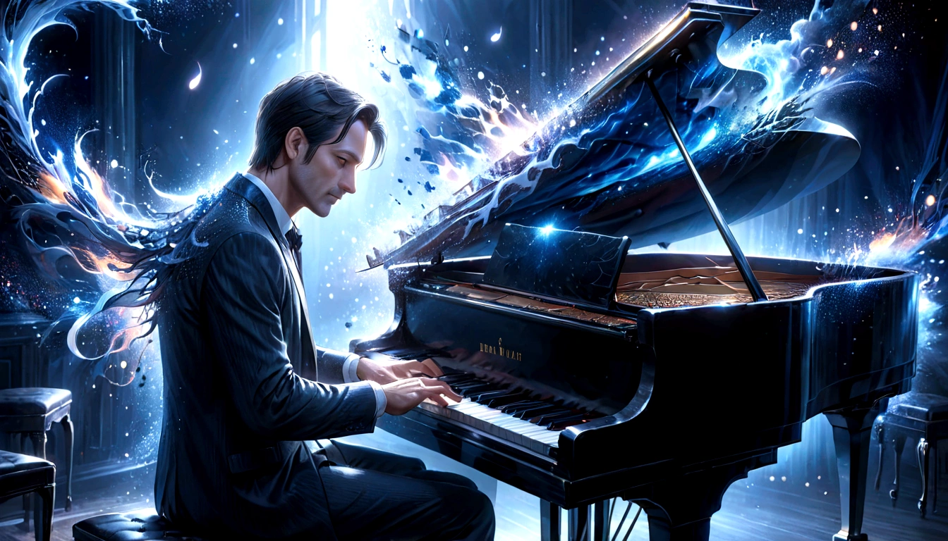 A 40-year-old man playing the piano