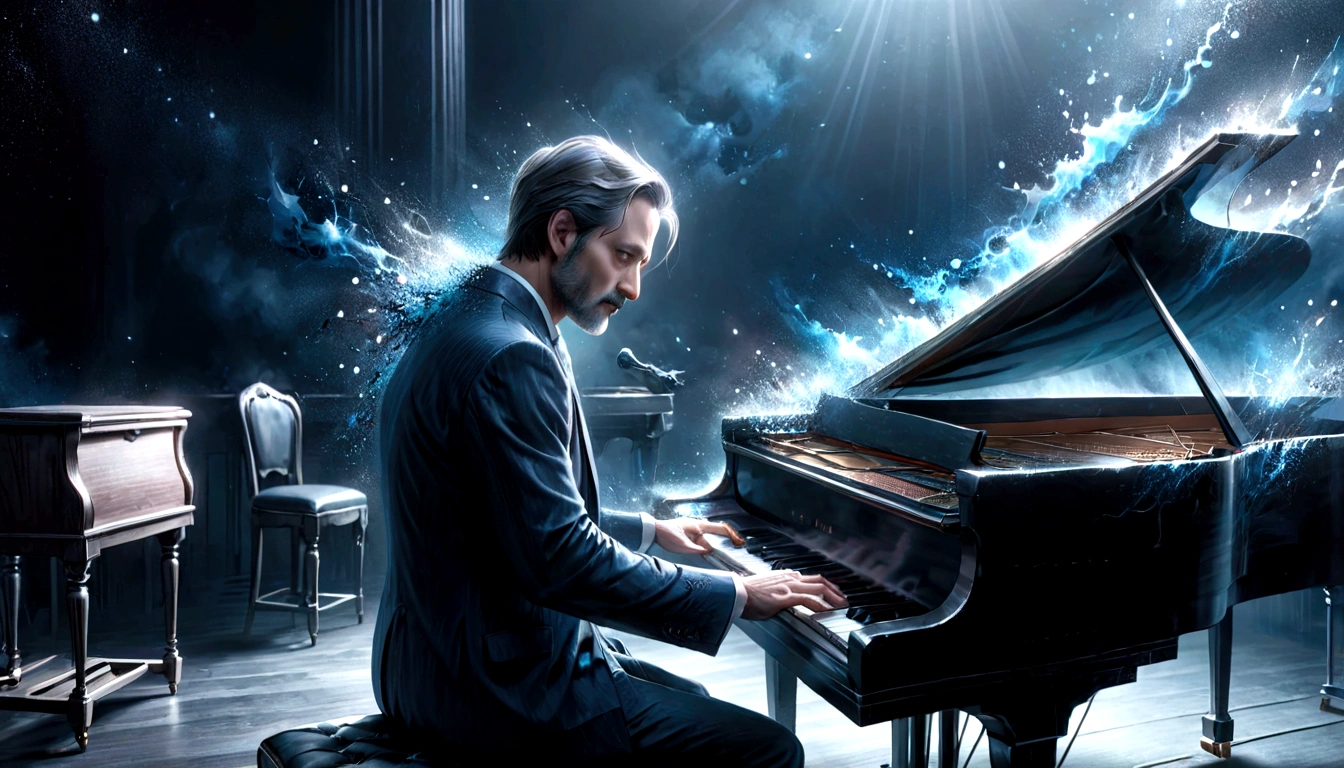 A 40-year-old man playing the piano
